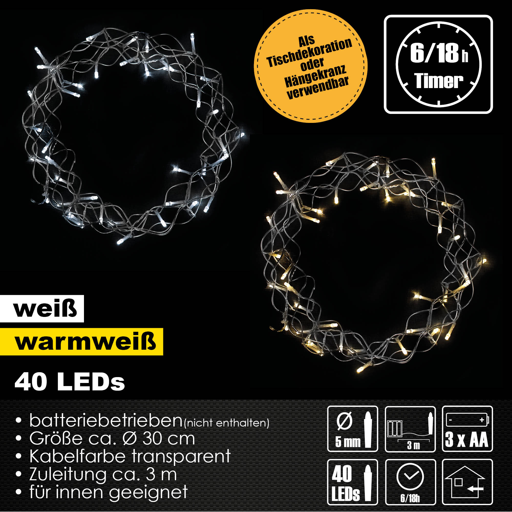 LED Metallkranz Ø 30 cm Weihnachtskranz Lichterkette Batterie Deko Leuchtkranz