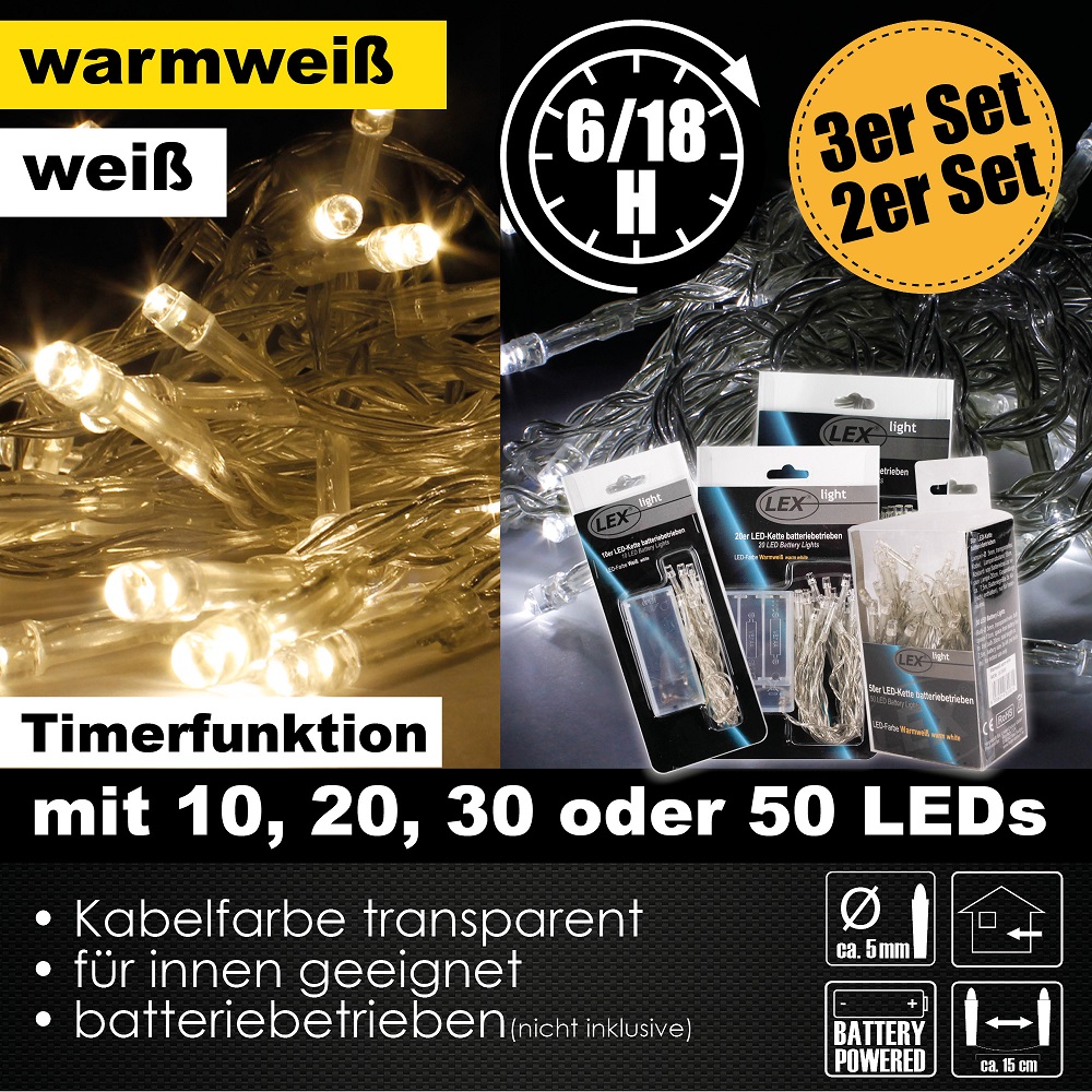 10/20/30/50er LED Lichterkette Set Timer Batterie Party Weihnachten Beleuchtung