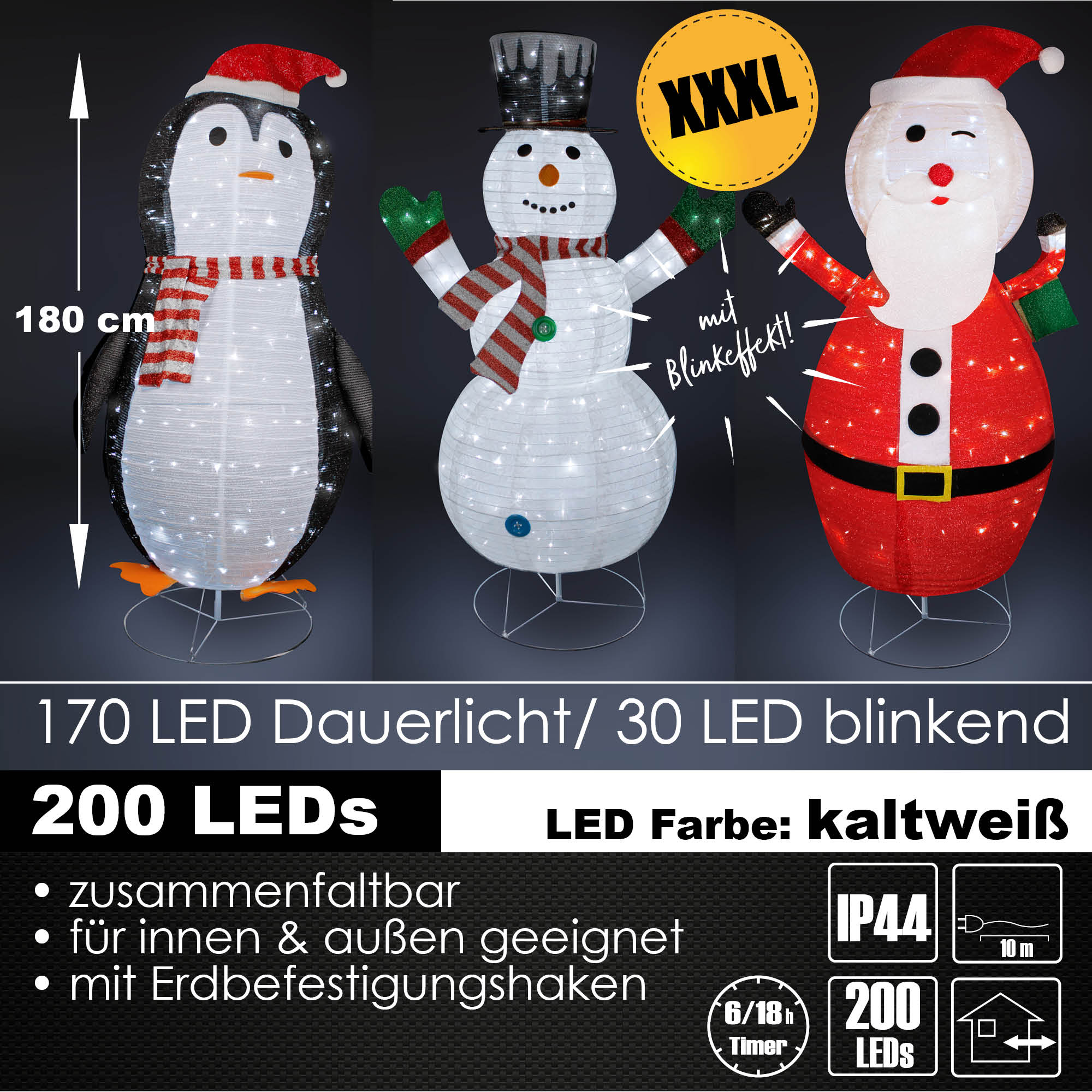 XXXL LED Weihnachtsfigur 180 cm Figur beleuchtet Weihnachtsdeko Timer In&Outdoor