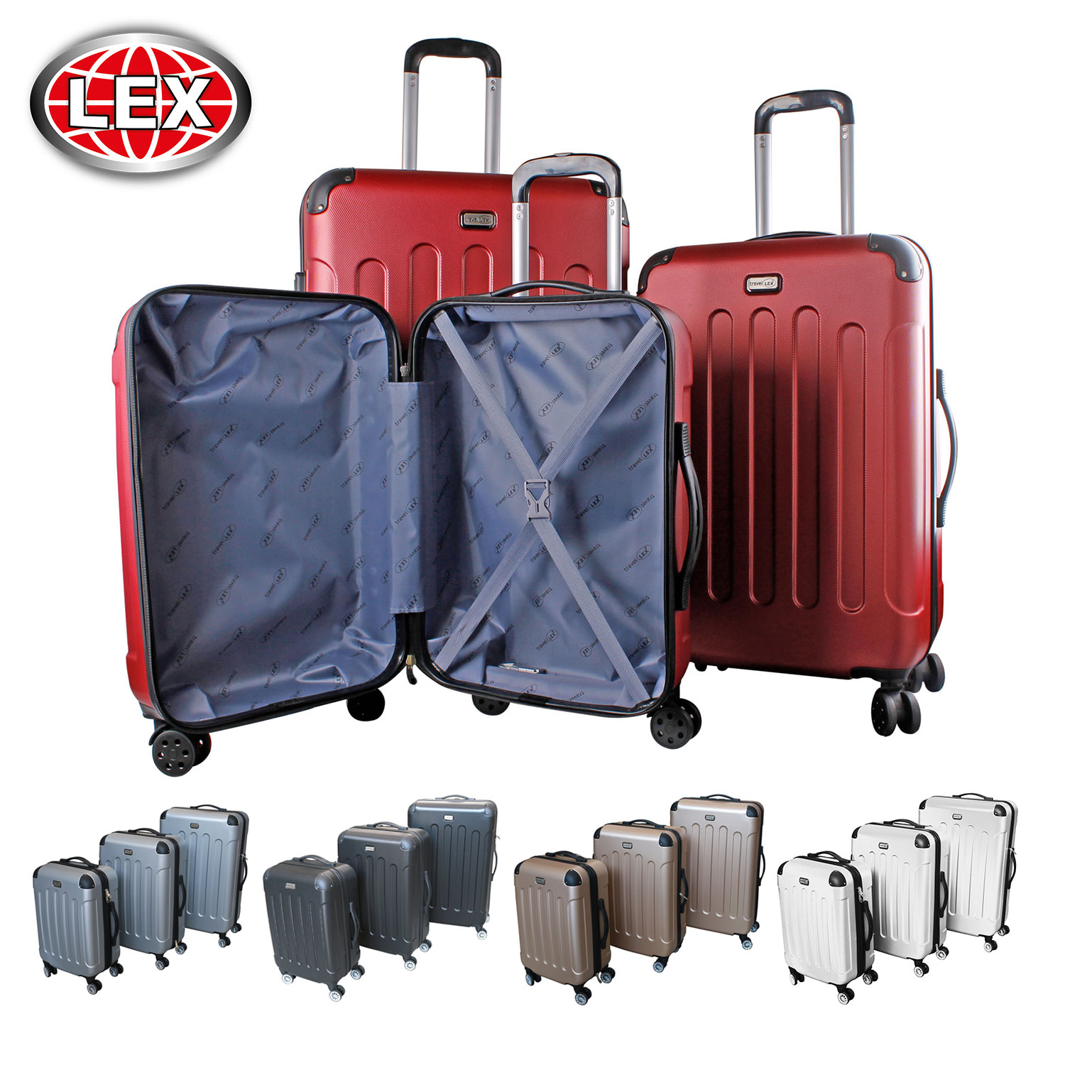 LEX 3tlg. ABS Hartschalen Reisekoffer Trolley Reisetasche 4 Räder Farbauswahl