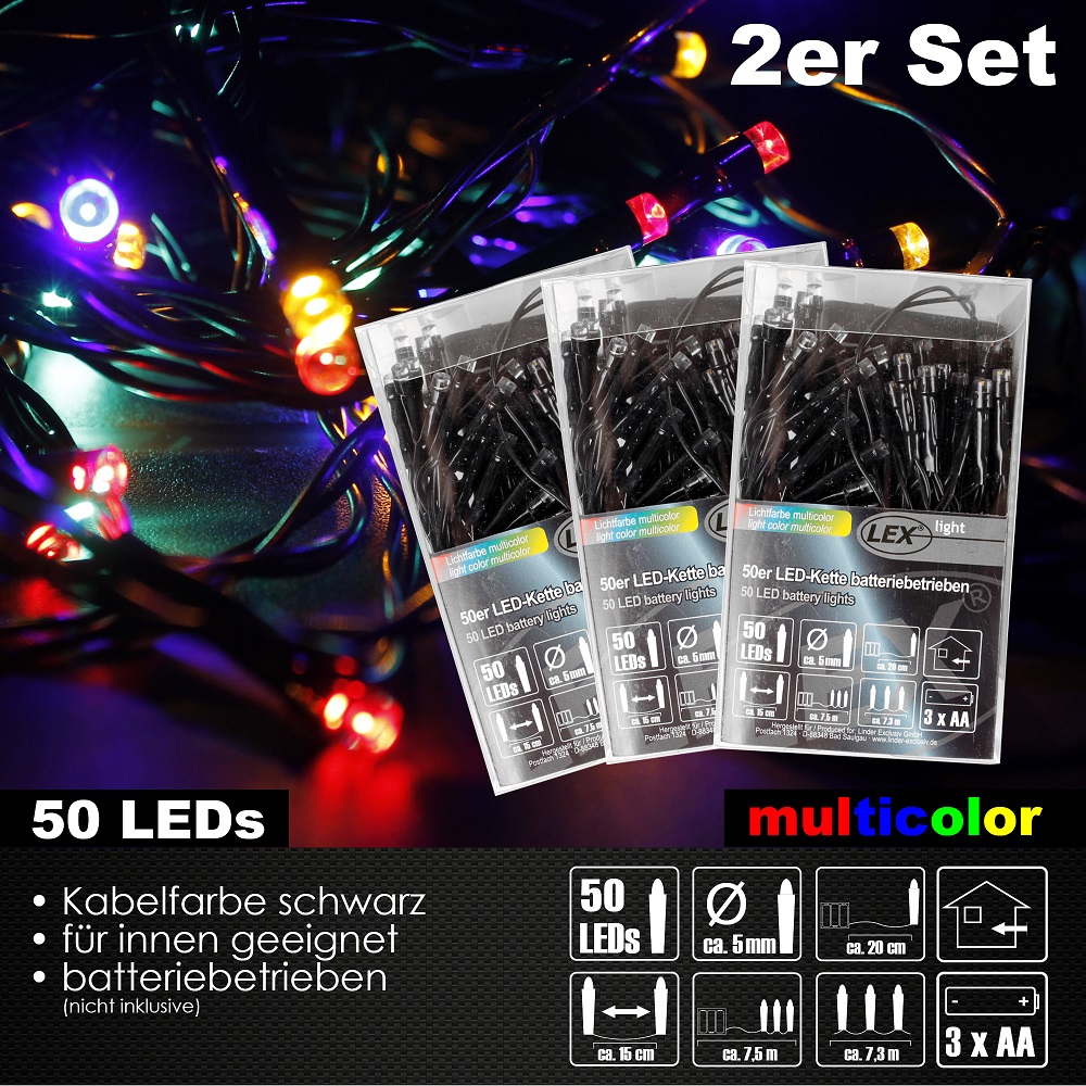 2x 50er LED Lichterkette Set Batteriekette Weihnachten Beleuchtung Deko bunt