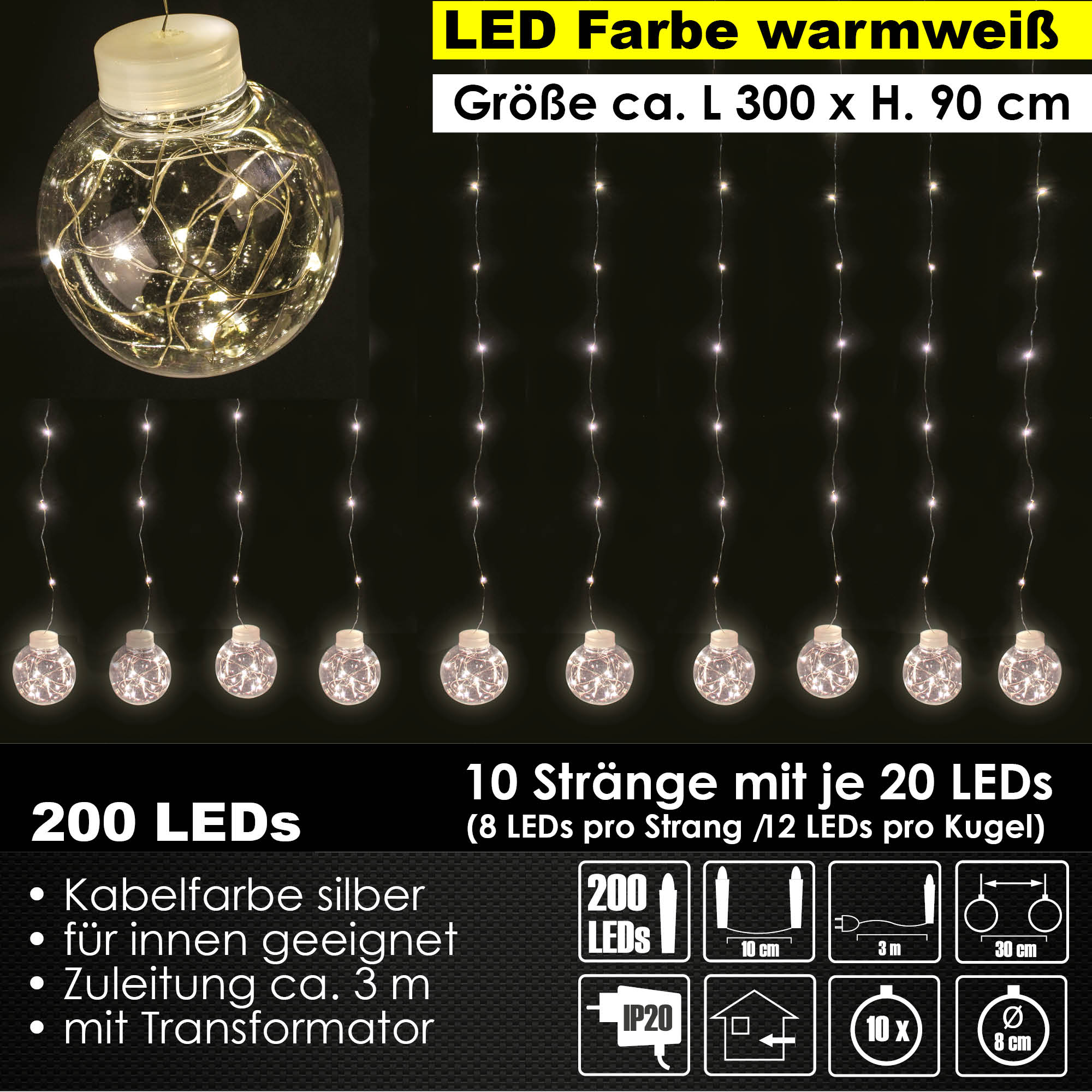 200 LEDs Kugel Lichterkette Beleuchtung Lichterkette Leuchtkugel Netz warmweiß