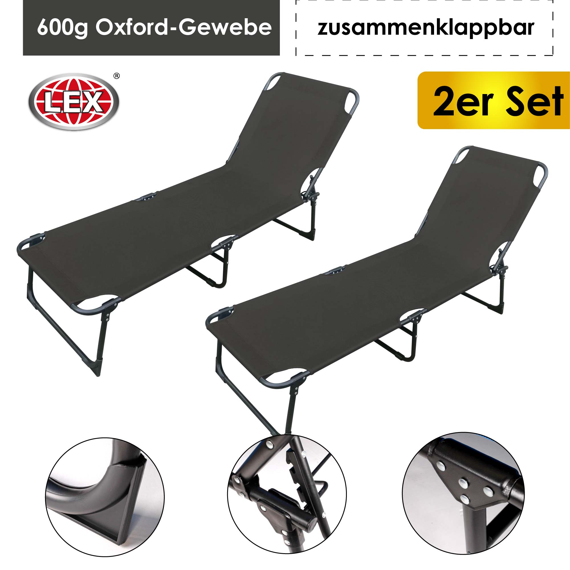 2er-Set Gartenliege 3-Bein Sonnenliege klappbar Strandliege Liegestuhl 188cm