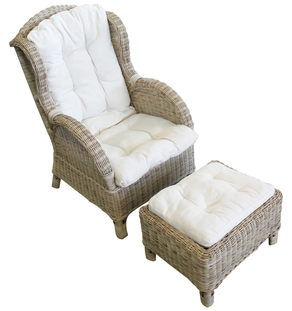 Relax Rattan Ohrensessel Hocker Polster In & Outdoor Gartensessel Kaminsessel