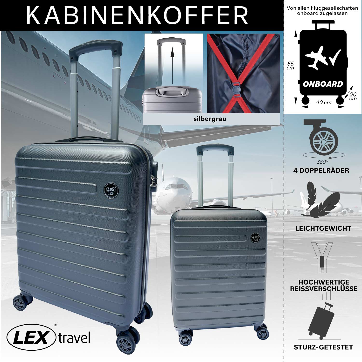 ABS Hartschale Reisekoffer Handgepäck Kabinenkoffer ultraleicht Trolley Doppelräder Stahlgrau