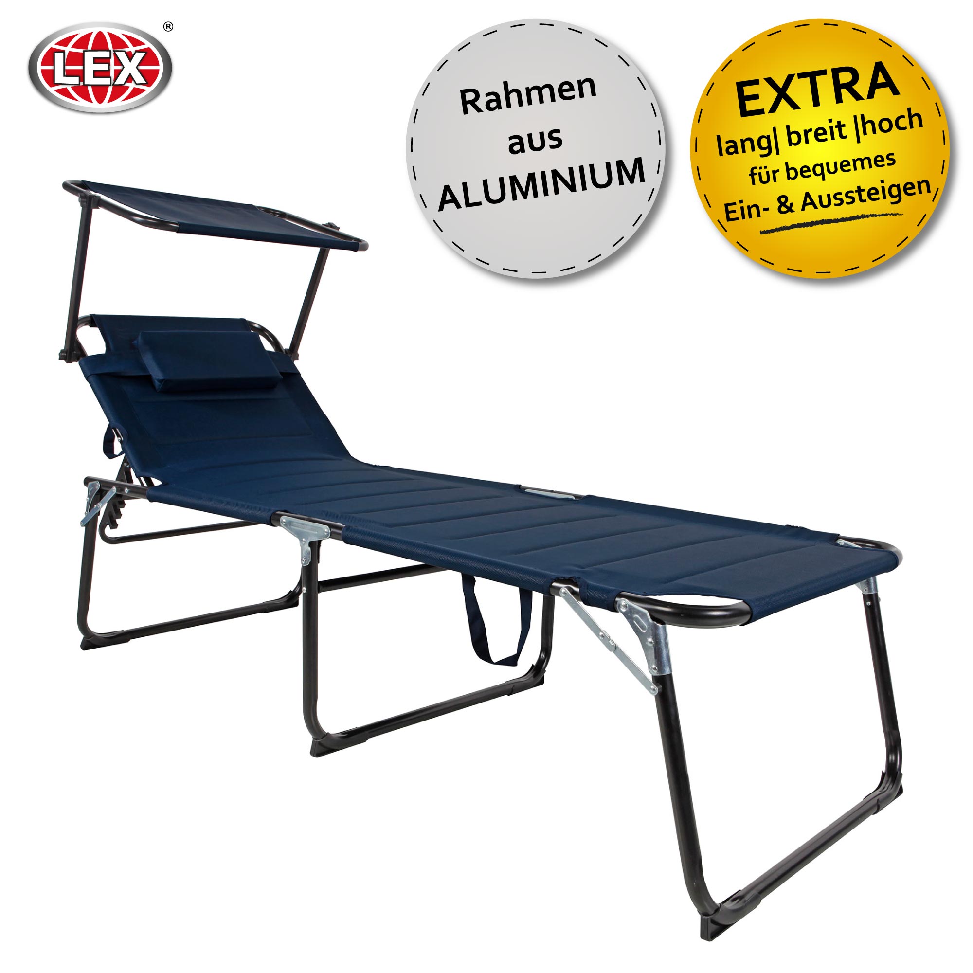 XXL Aluminium Gartenliege Sonnenliege gepolstert mit Kopfkissen Sonnendach 200cm Dunkelblau
