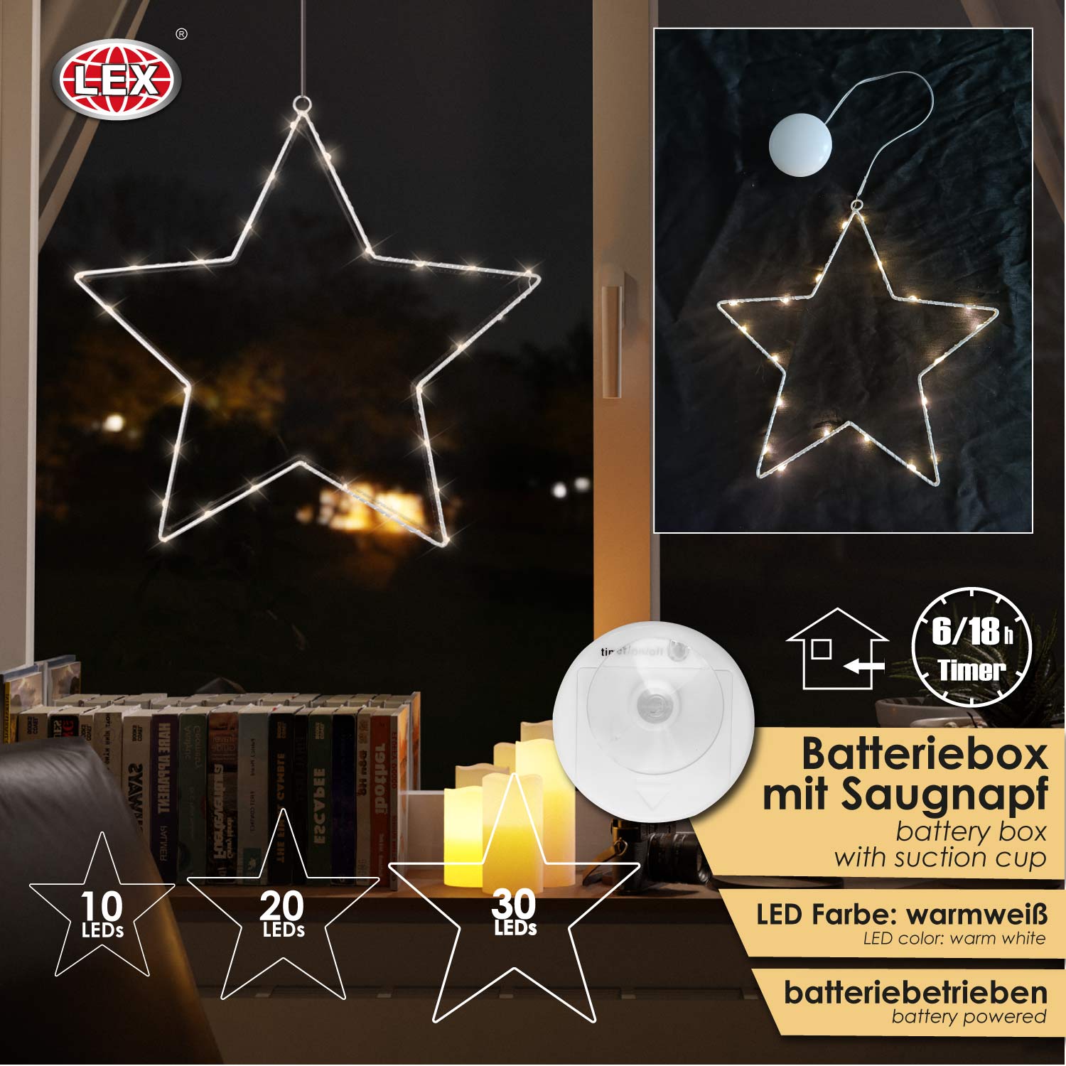 10er LED Metallstern Lichterkette Batterie Lichterstern warmweiß Deko