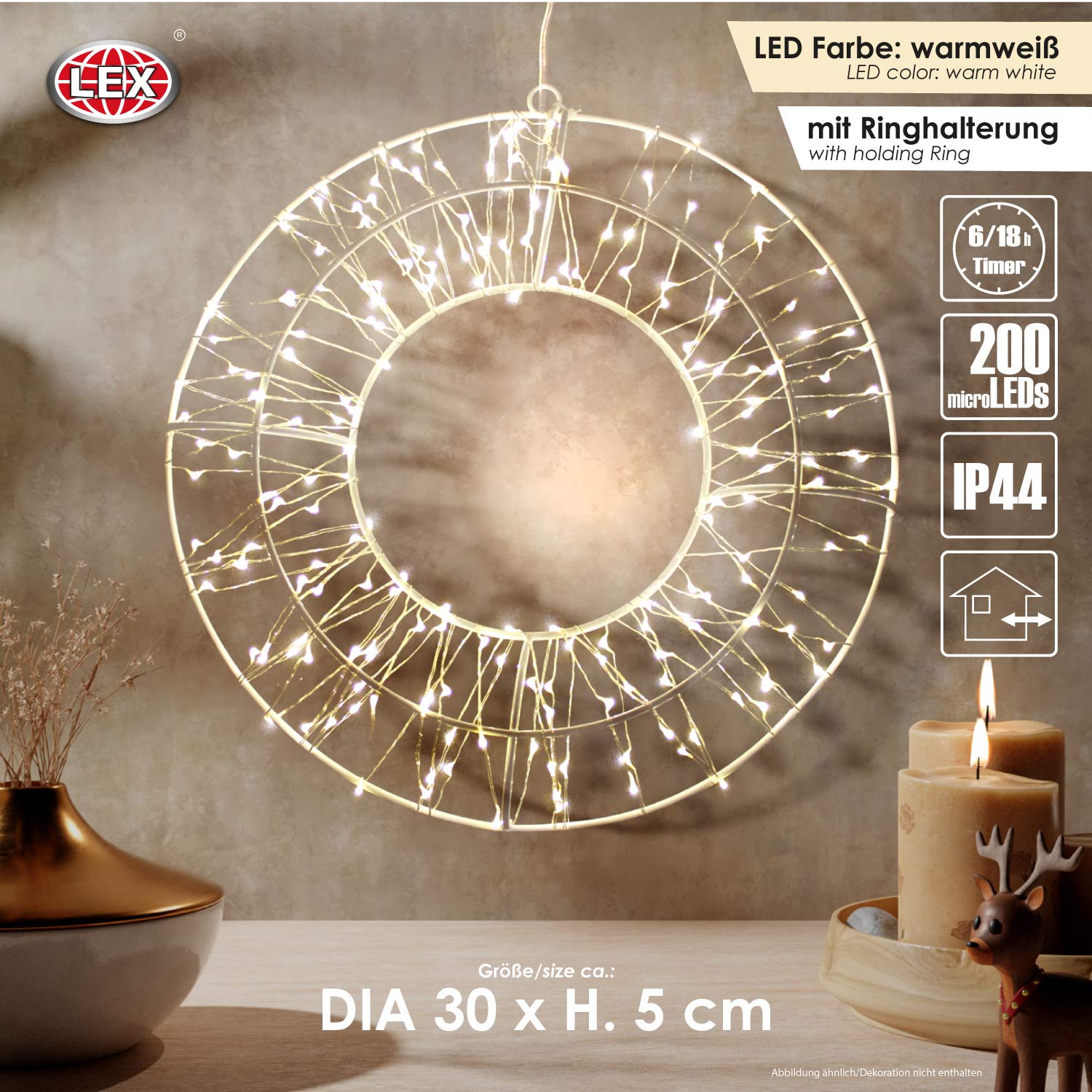 Lichterkranz Lichterkette Hängekranz Dekoring 30 DIA Timer 200 LEDs