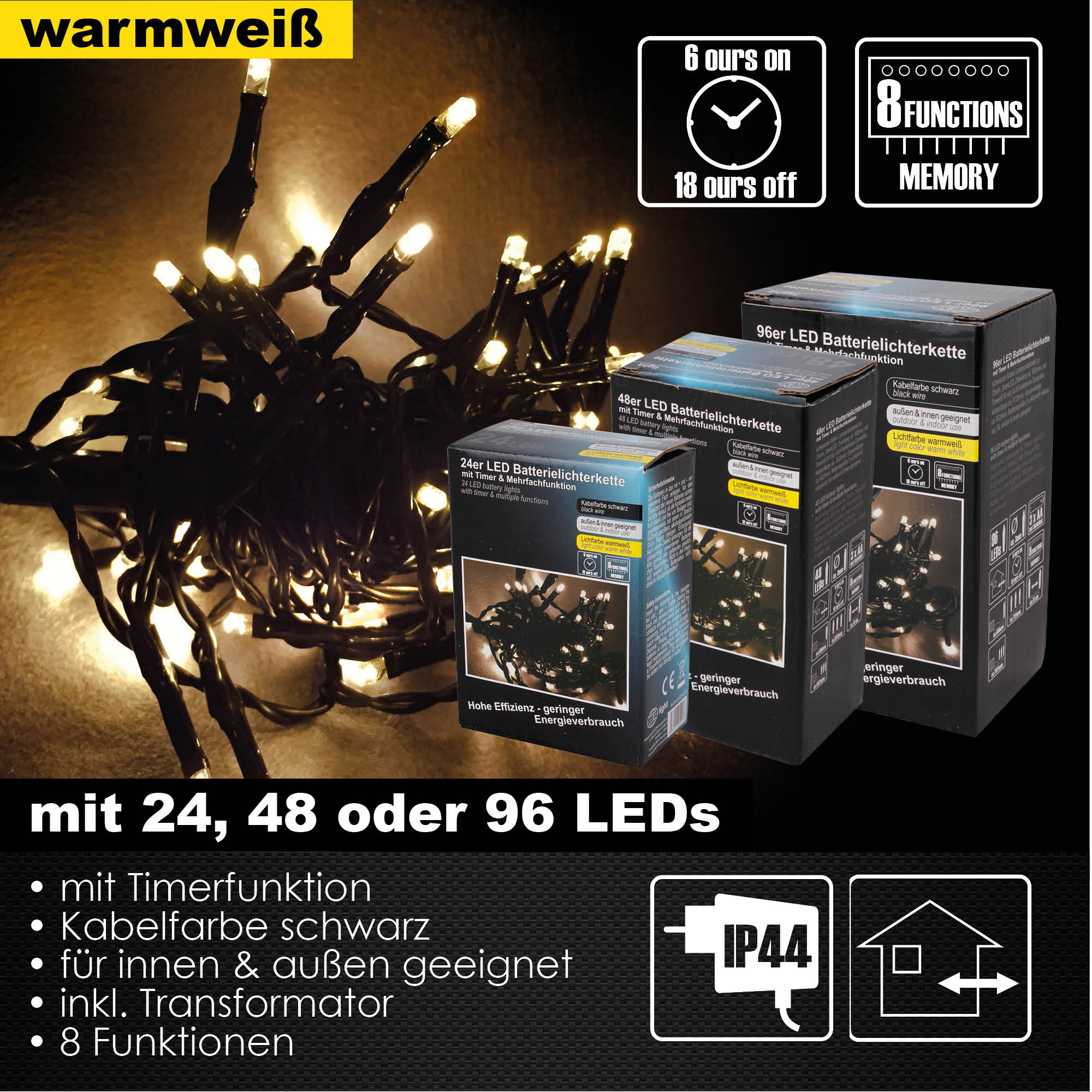 24/48/96er LED Batterie Lichterkette Timer 8 Lichteffekte Außen & Innen warmweiß