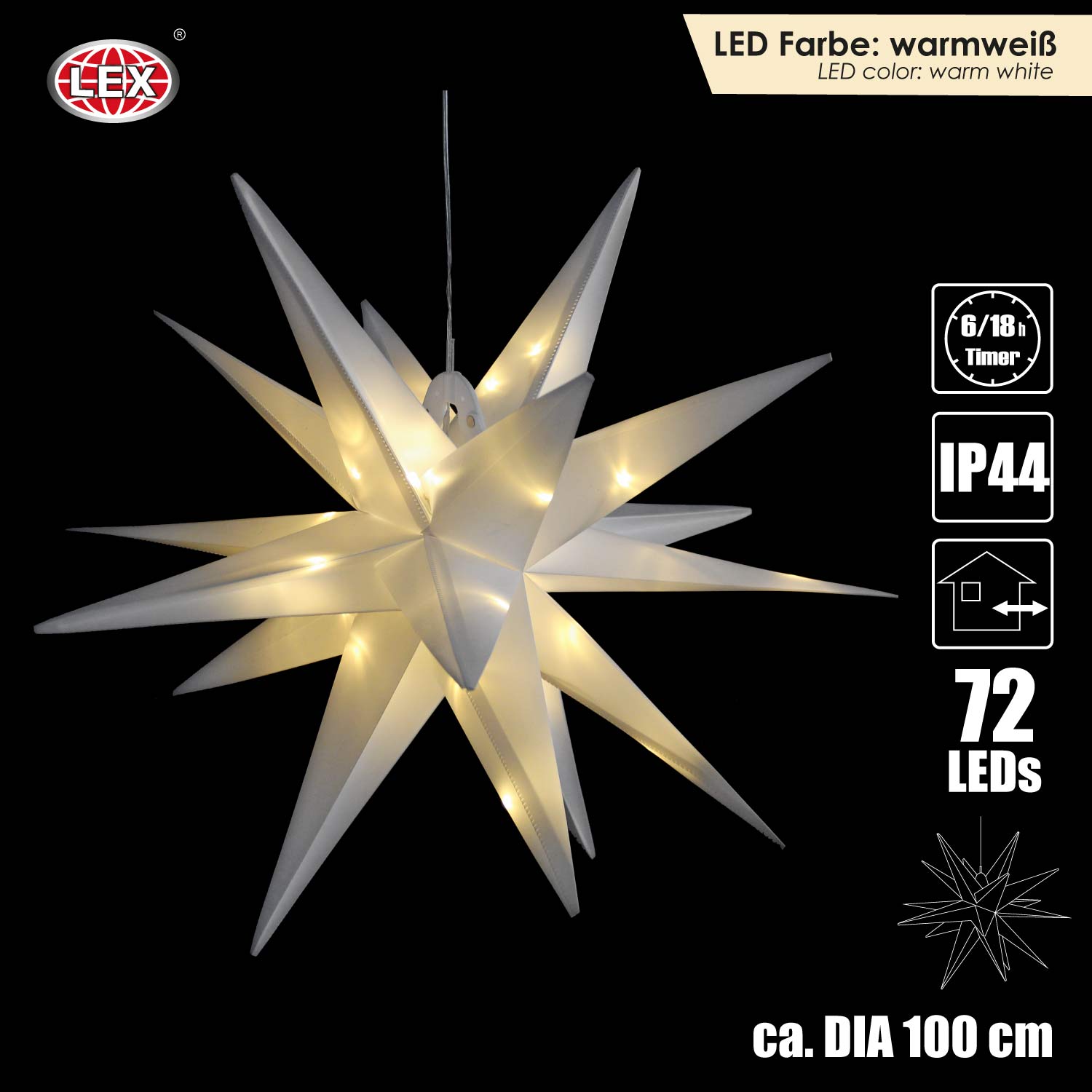 Leuchtstern Lichterstern Ø100 cm 72 LEDs Timer In-Outdoor Advent Weiß