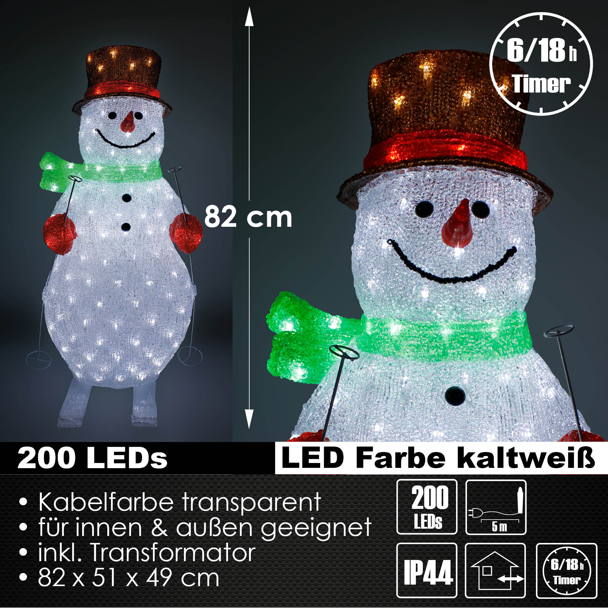 XL LED Acryl Schneemann Figur 82cm beleuchtet Weihnachtsdeko für Außen & Innen