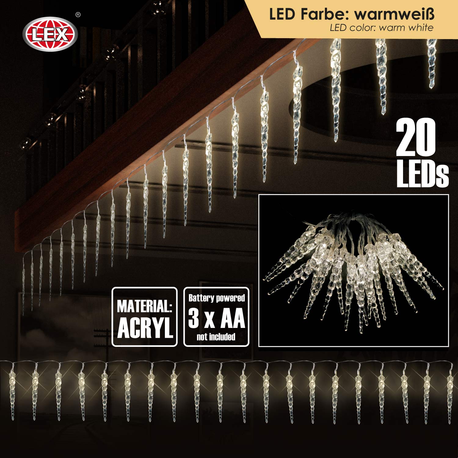 Eiszapfen LED Lichterkette 20 Batterie Acryl Innen warmweiß