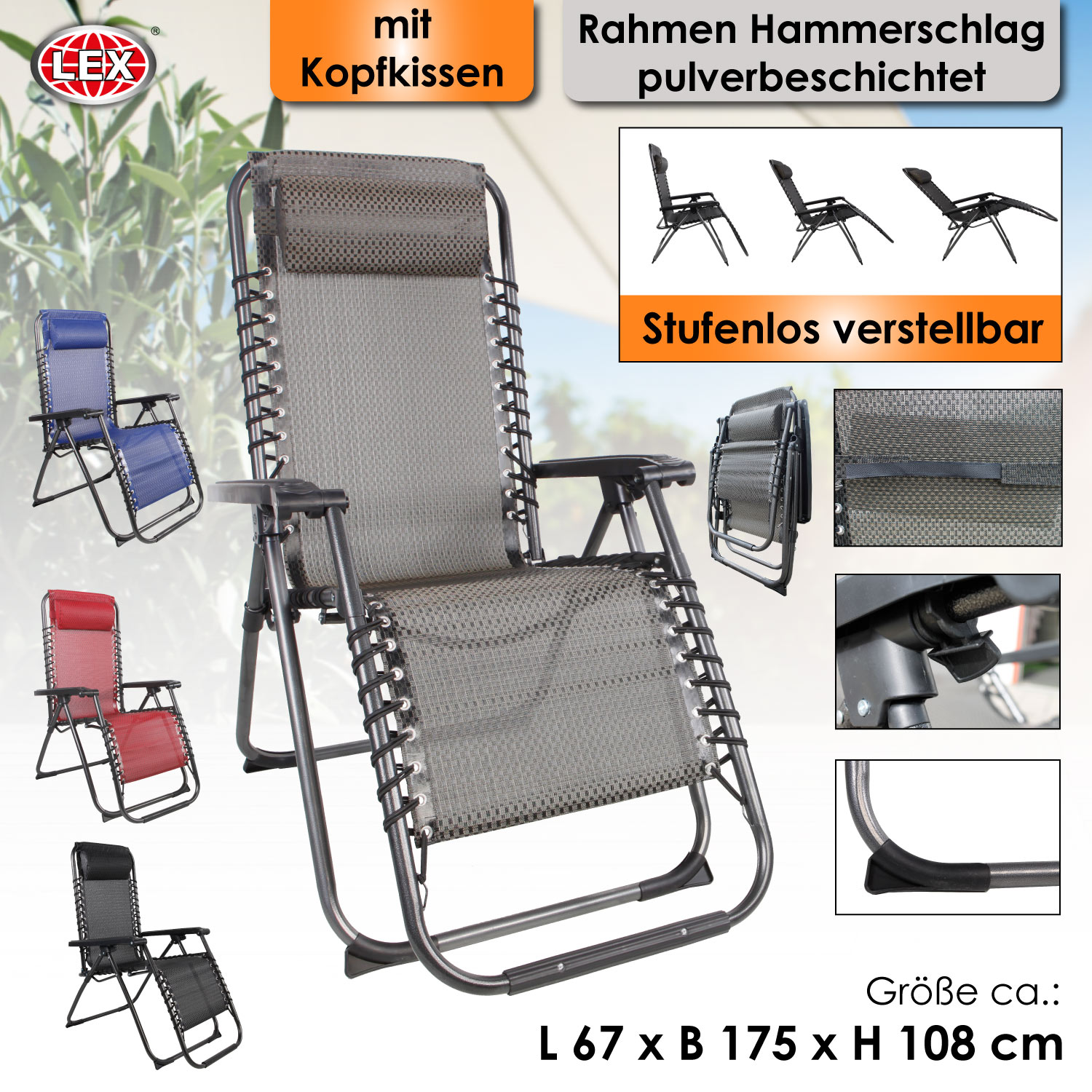 Relax Sessel m. Kopfkissen Gartenstuhl Garten Liegesessel verstellbar farbwahl