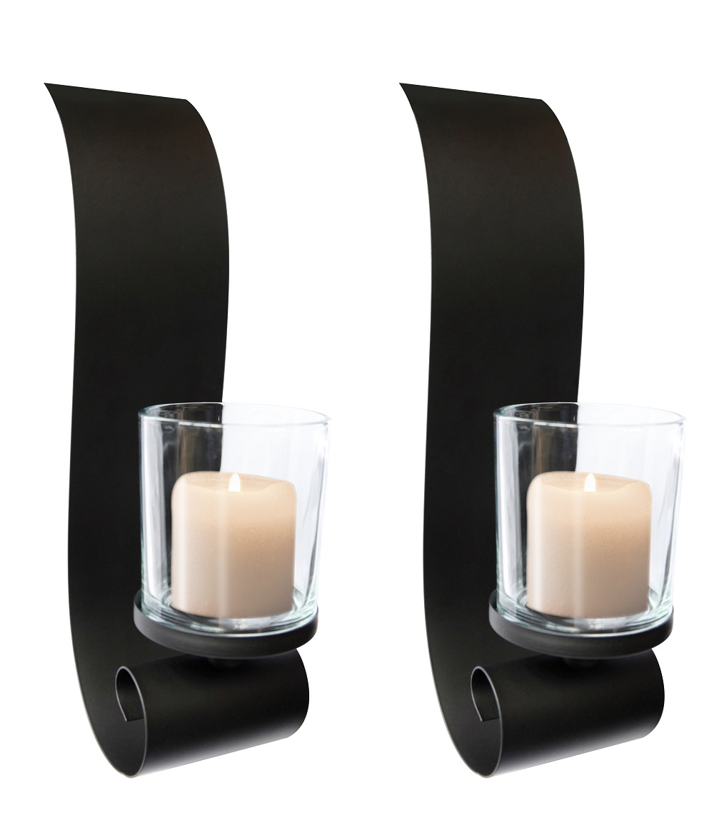 2er Set Wandkerzenhalter Metall Kerzenhalter mit Glas Wanddeko Wandlicht schwarz