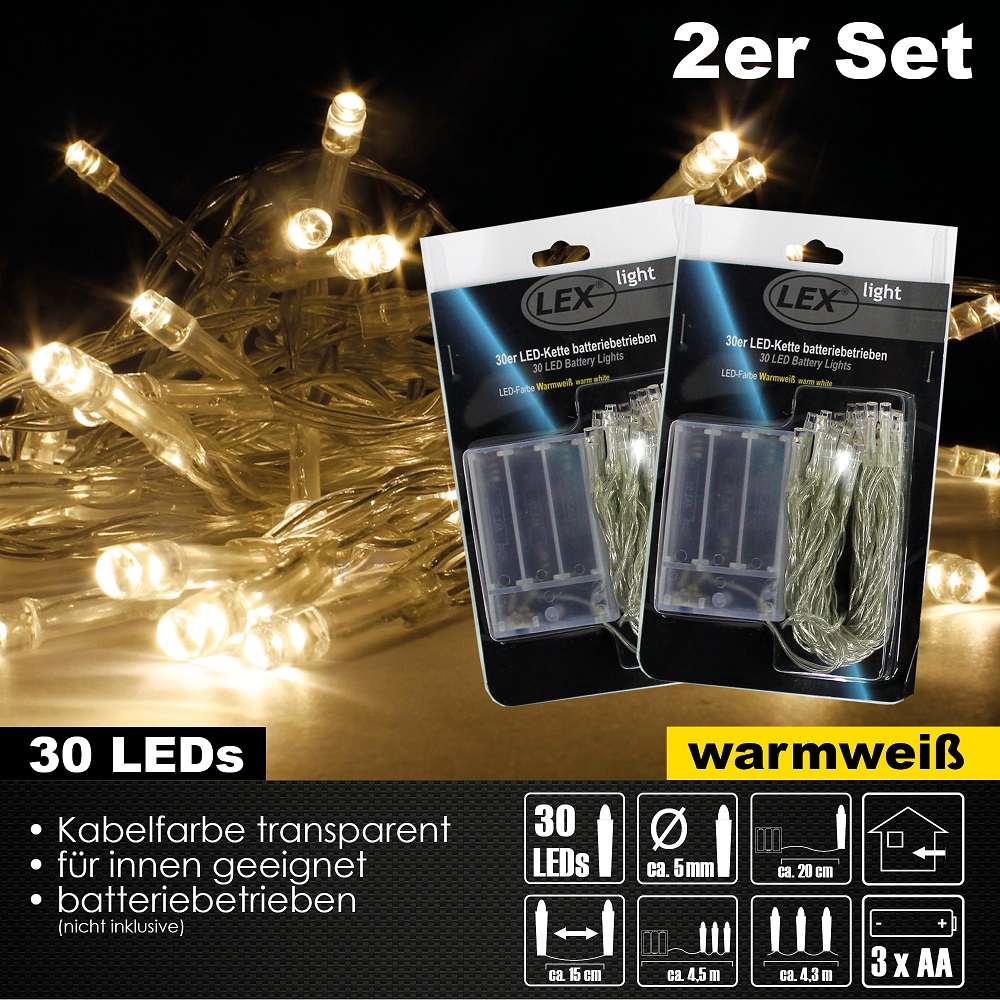 2x 30er LED Lichterkette Set Batteriekette Weihnachten Beleuchtung Deko warmweiß