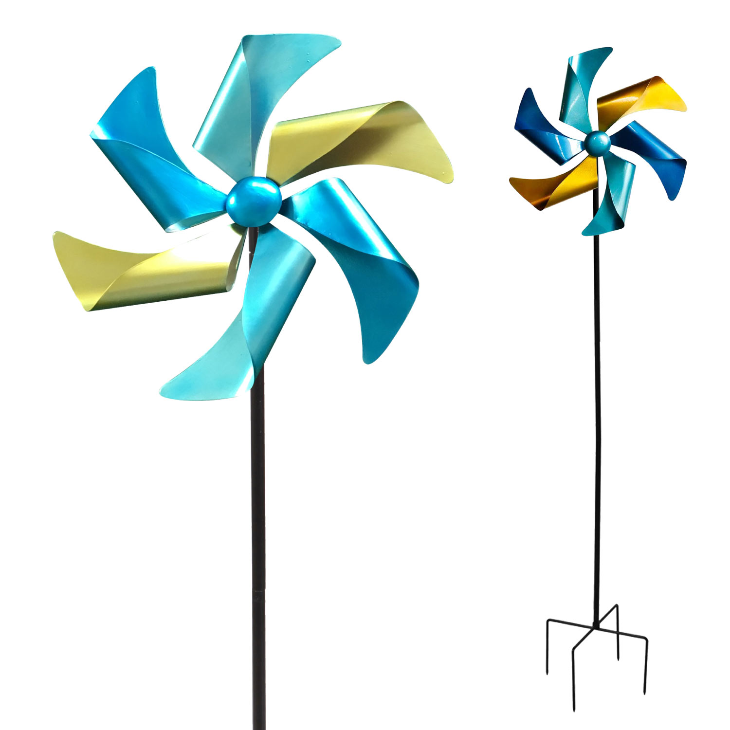 Windrad Windspiel Metall Gartendeko Balkon Terrasse Erdspieß petrol blau gelb