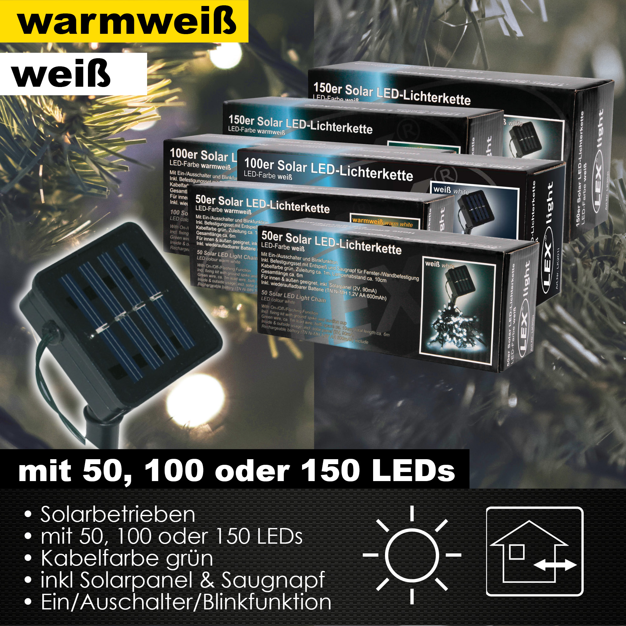 50/100/150er Solar LED Lichterkette Innen Außen Gartenbeleuchtung Party Outdoor