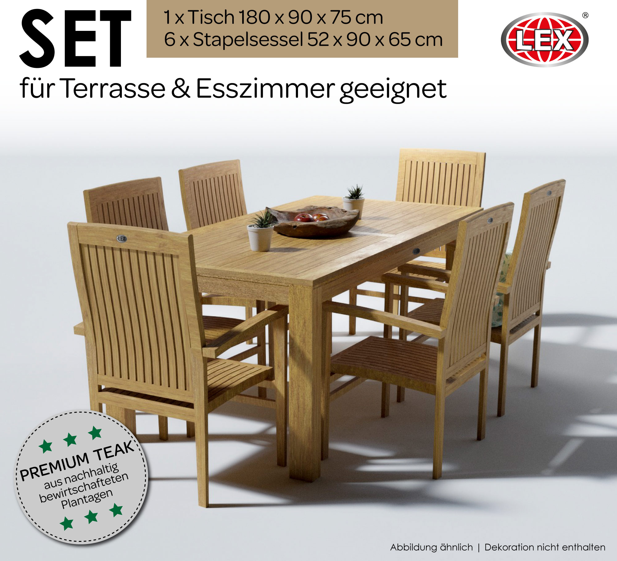 Teak Gartensitzgruppe Teakholz 6xSessel Tisch 180x90 cm Gartenmöbel Esszimmer