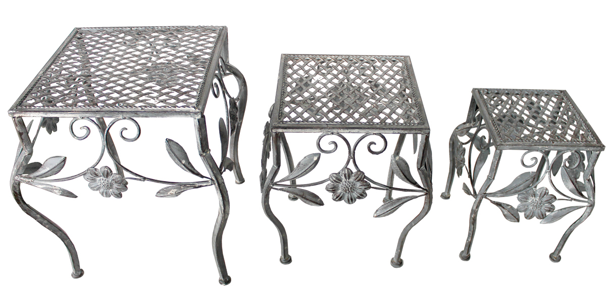 Hocker Set 3tlg. Gartendeko Pflanzenständer Eisenhocker Blumenhocker Grau Braun