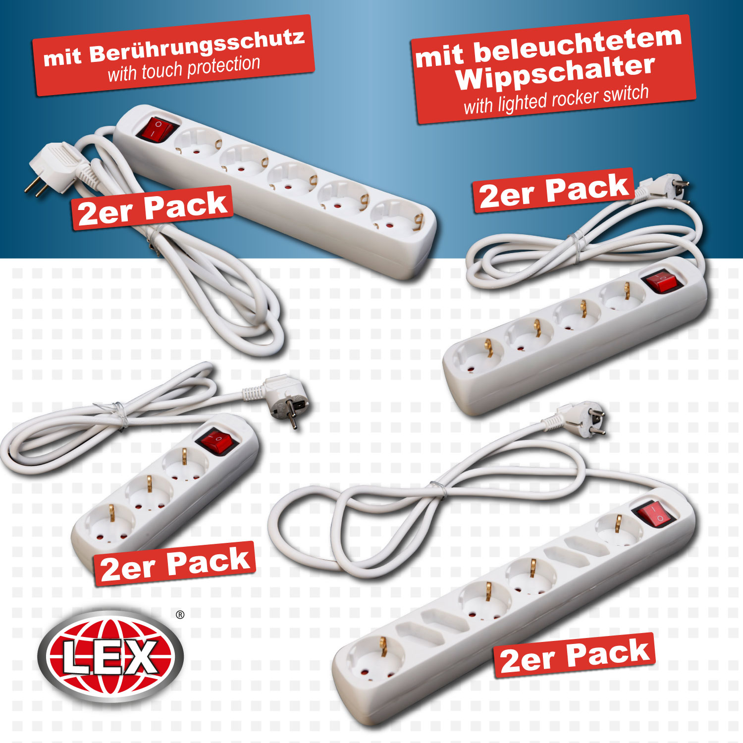 2er Set 3/4/5/8-fach Steckerleiste Kippschalter Steckdosenleiste Mehrfachstecker