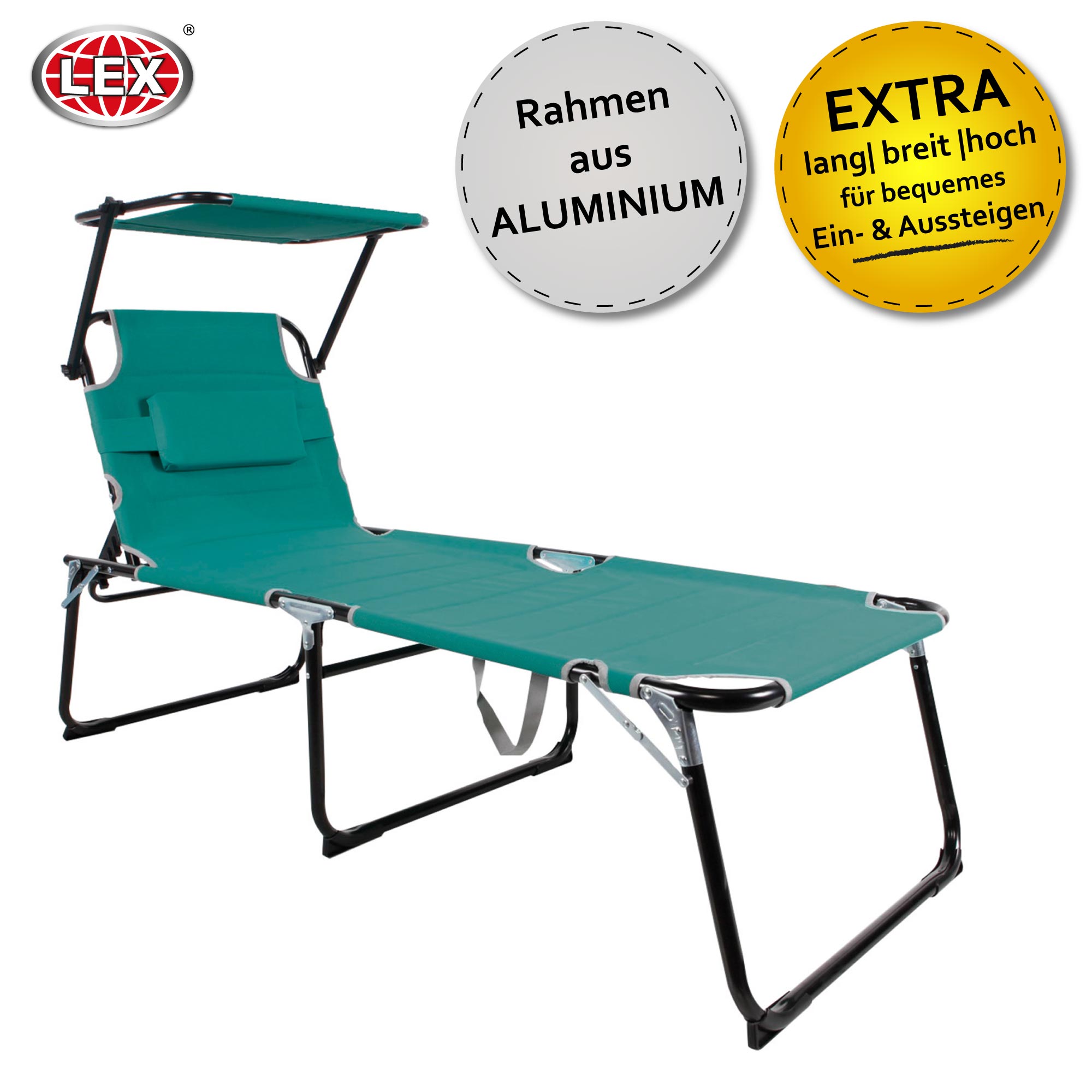 XXL Aluminium Gartenliege Sonnenliege gepolstert mit Kopfkissen Sonnendach 200cm Aqua