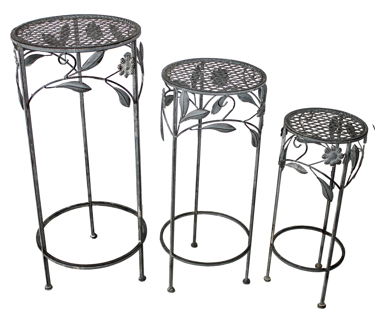 Hocker Set 3tlg. Gartendekoration Blumenhocker Eisenhocker Pflanzenständer Antik grau