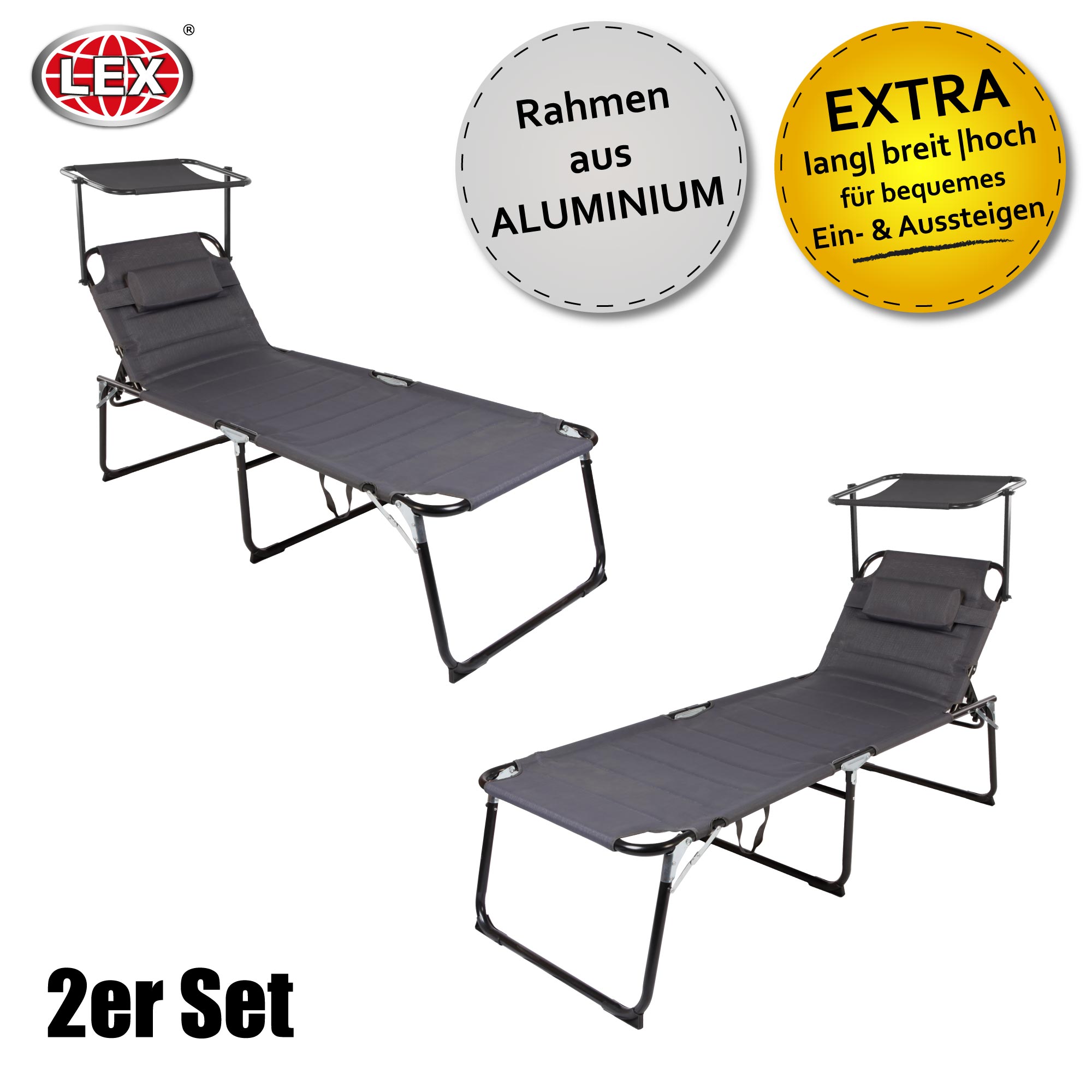 2er-Set XXL Alu Gartenliege Sonnenliege gepolstert mit Kopfkissen Sonnendach 2m