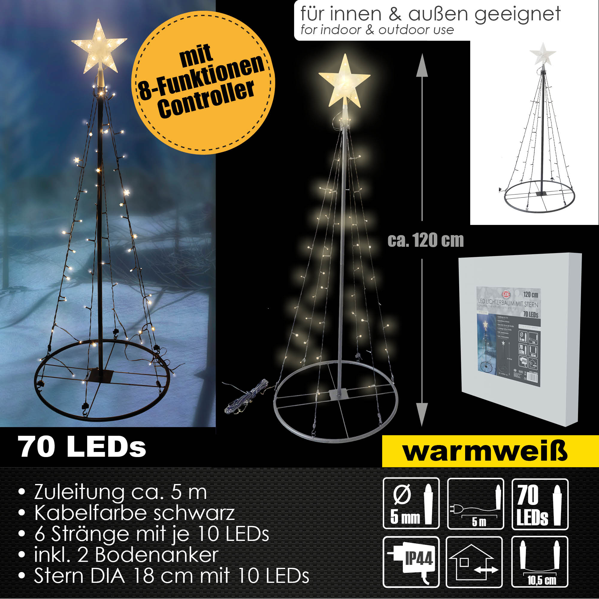 120 cm LED Lichterbaum 8 Funktionen mit Stern Dekobaum Leuchtbaum Outdoor Indoor