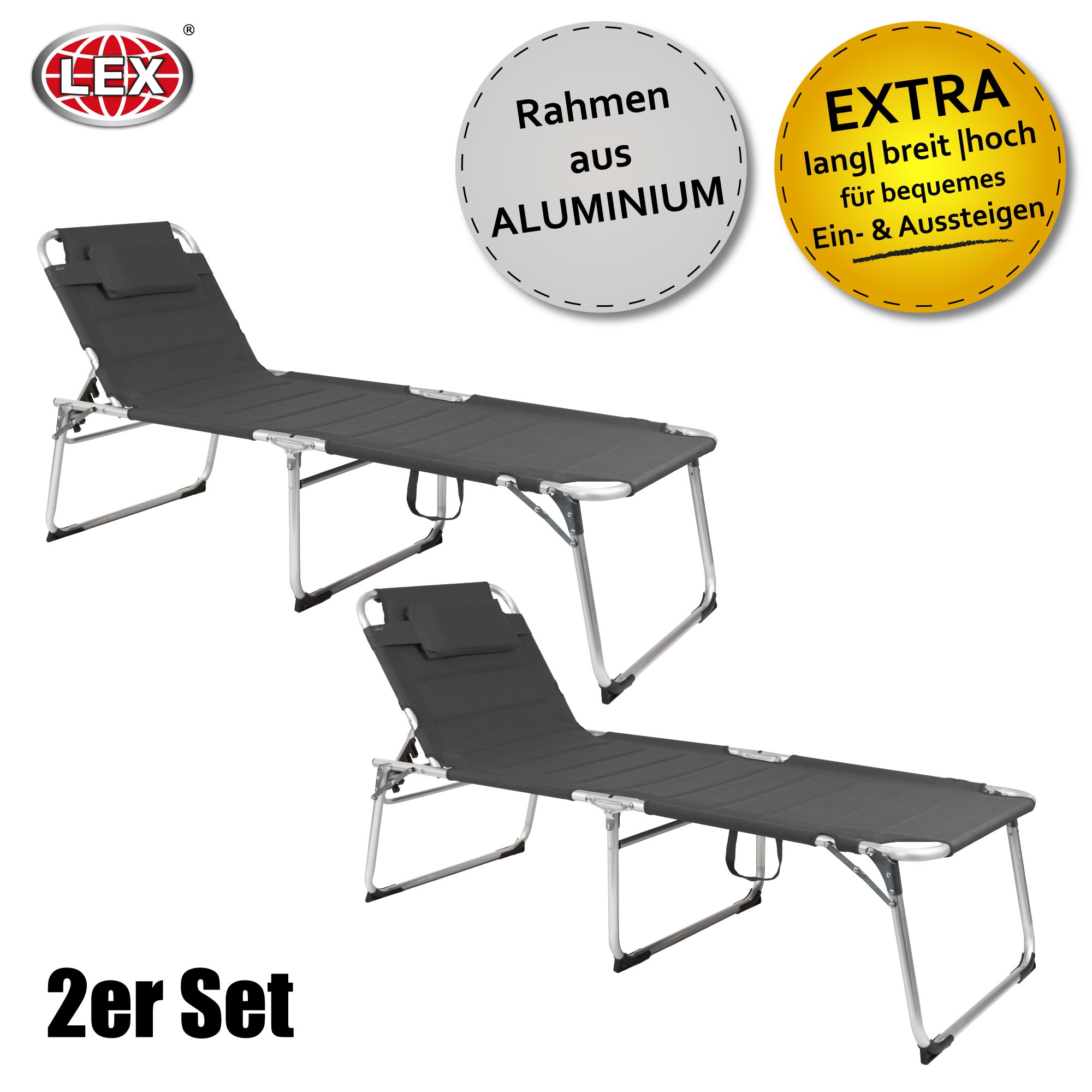 2er-Set XXL Aluminium Gartenliege Sonnenliege gepolstert 2 m Kopfkissen klappbar
