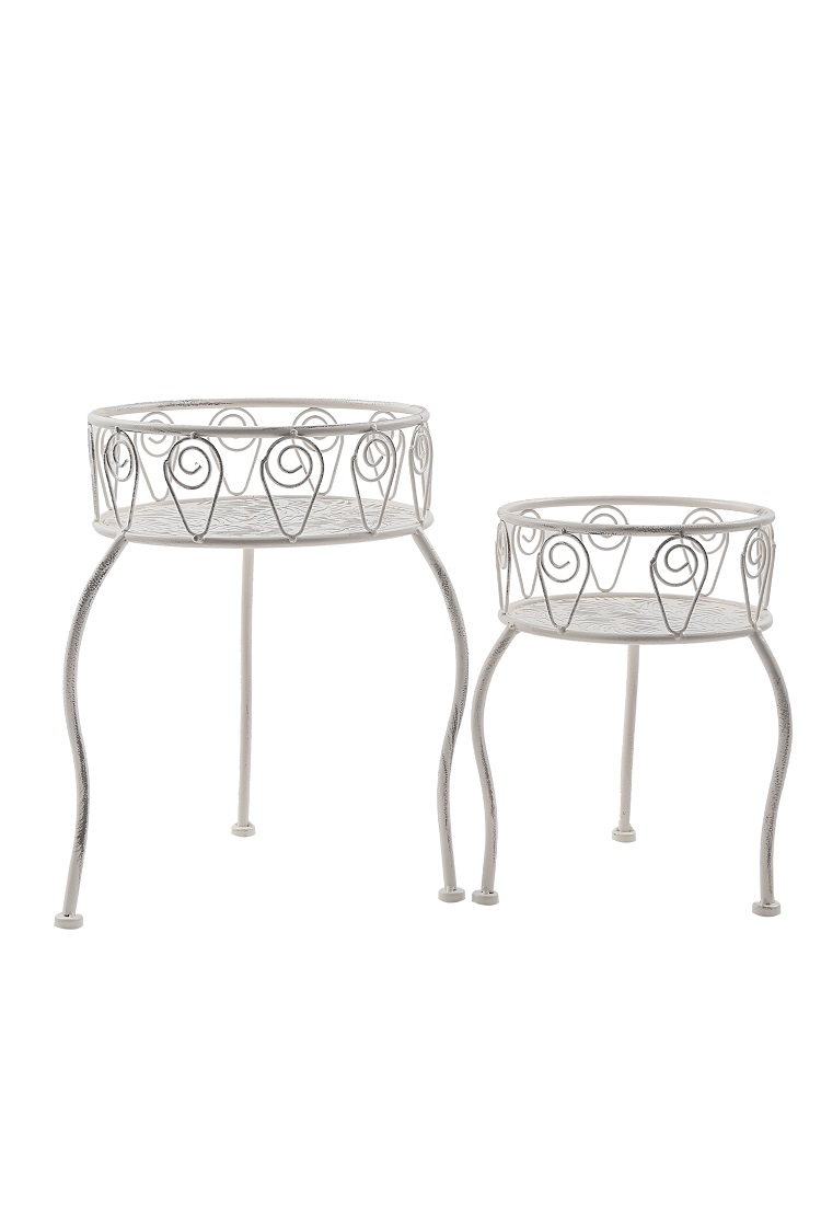 2 tlg. Hocker-Set Blumenhocker Gartendeko Rund Pflanzenständer antik weiß