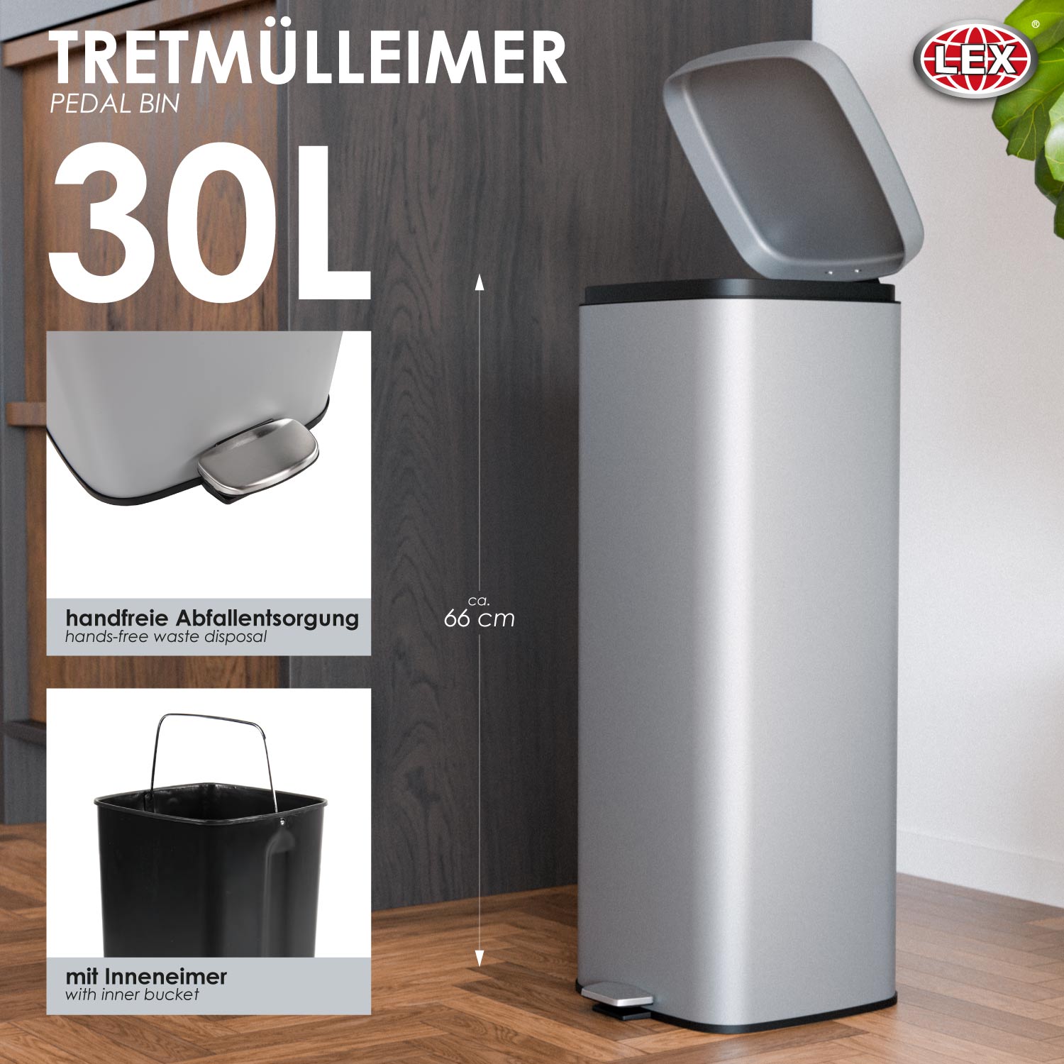 Tretmülleimer Abfallbehälter Mülleimer 30L Stahl grau matt Treteimer