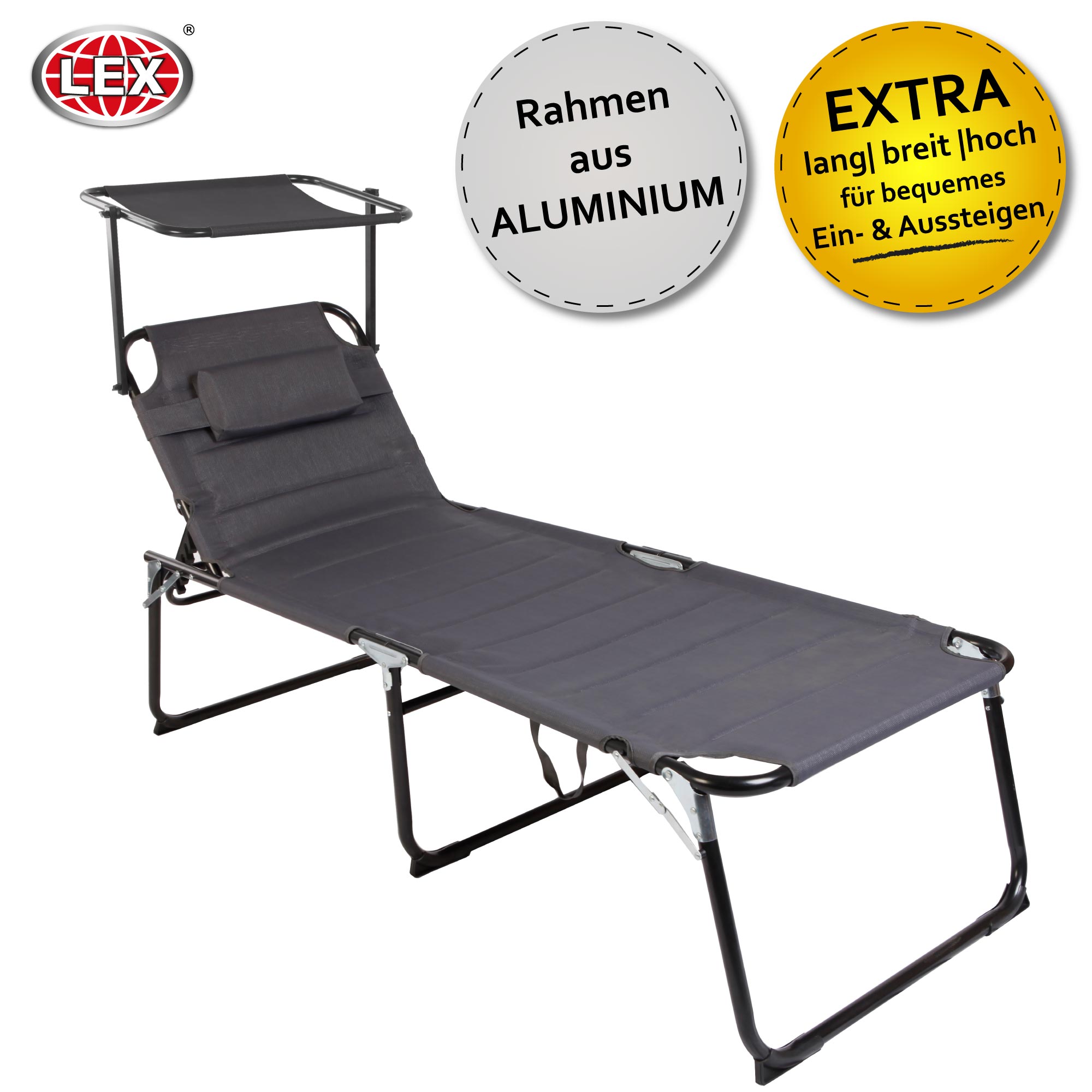 XXL Aluminium Gartenliege Sonnenliege gepolstert mit Kopfkissen Sonnendach 200cm Anthrazit
