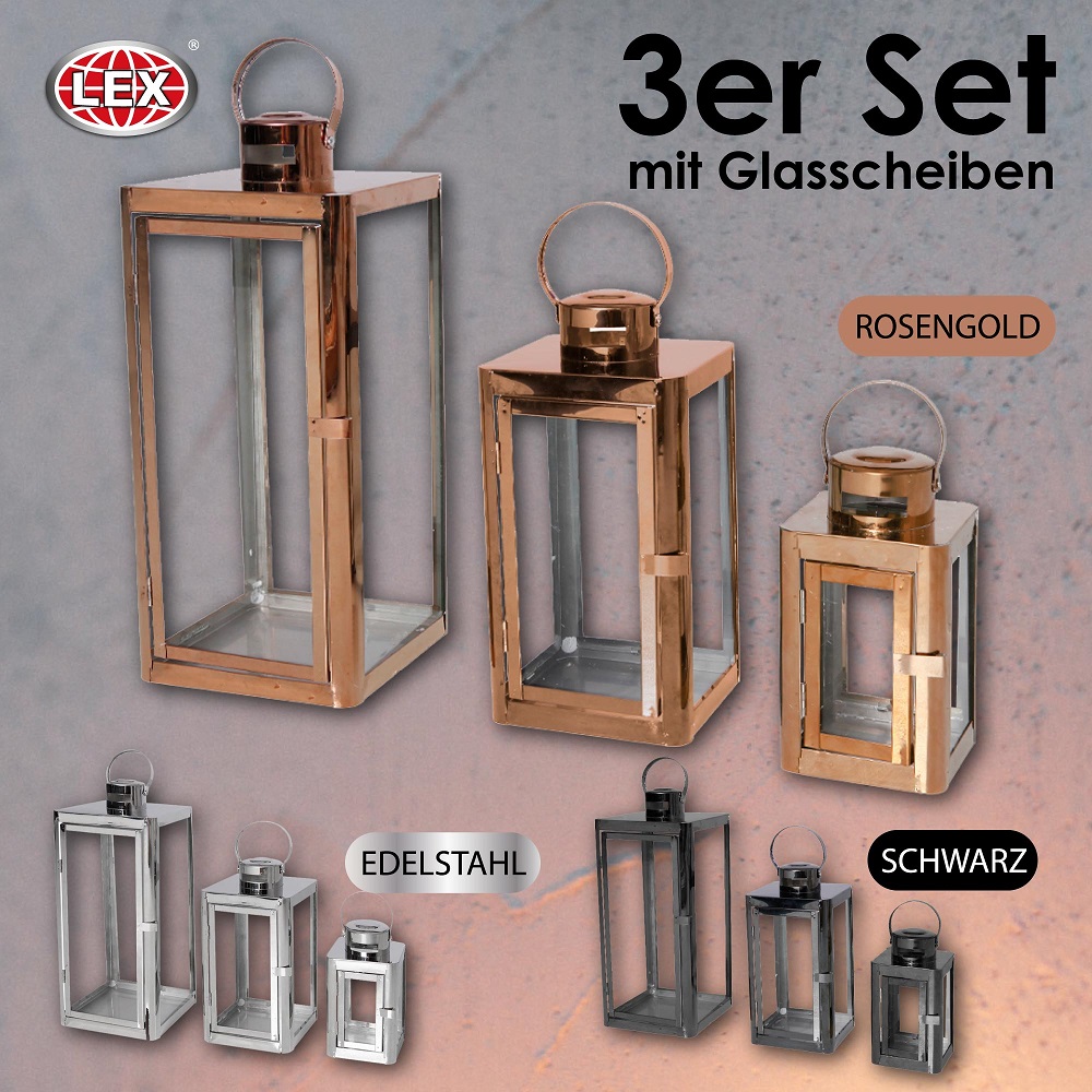 3er Set Edelstahl Laterne Gartenlaterne Windlicht Kerzenhalter Glasscheibe Deko