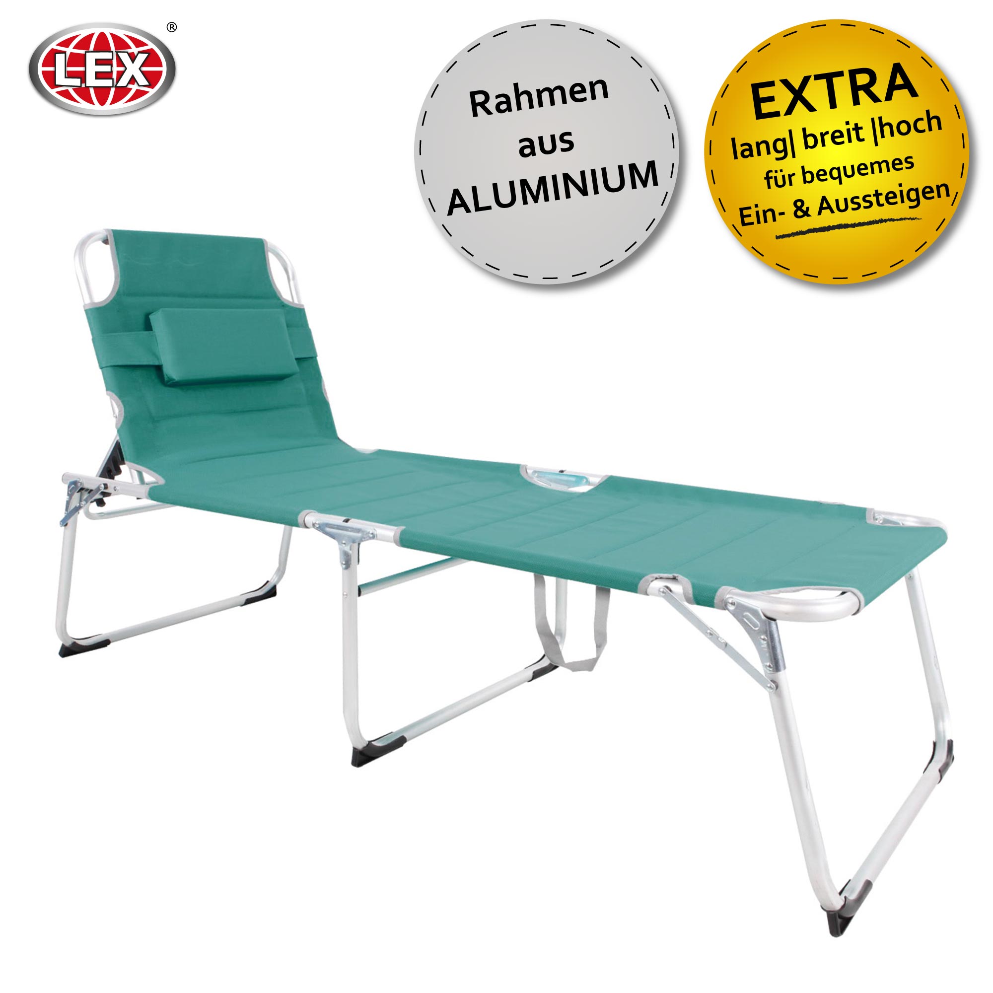 XXL Aluminium Gartenliege Sonnenliege gepolstert mit Kopfkissen klappbar 200 cm Aqua