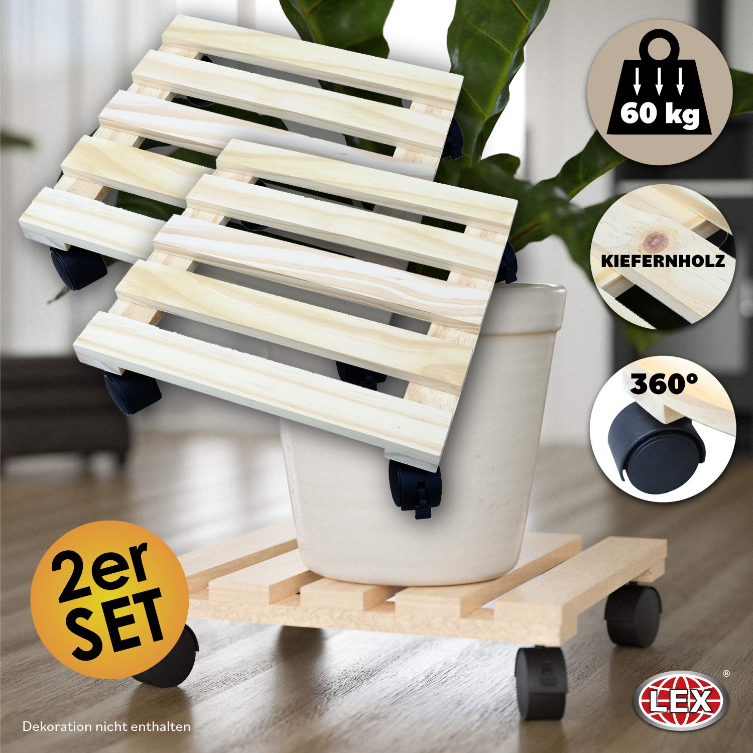2er Set Pflanzenroller Blumenroller Untersetzer Rollbrett Kieferholz 360° Multiroller quadratisch