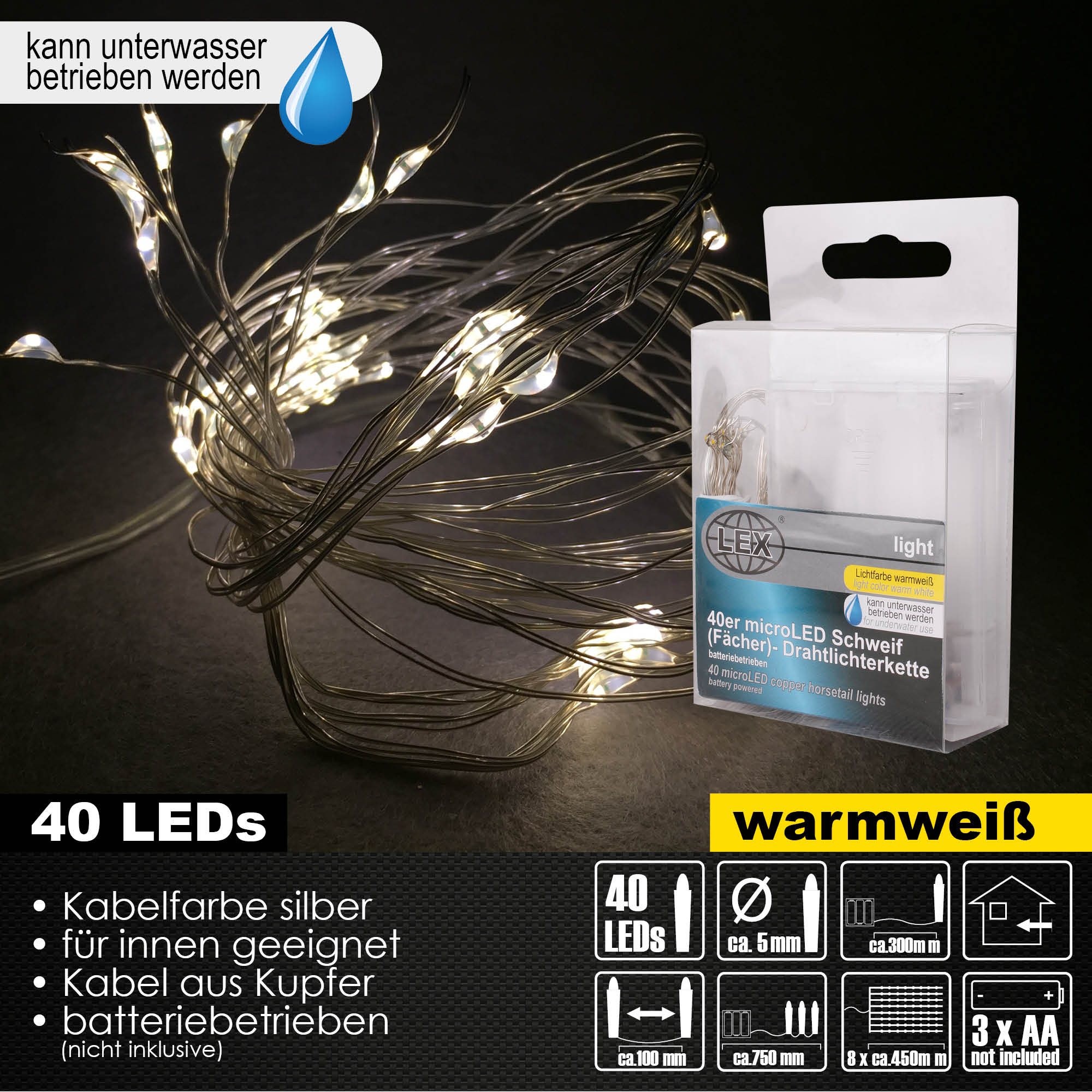 2x 40er Micro LED Schweif Drahtlichterkette Set Batterie Lichterkette warmweiß