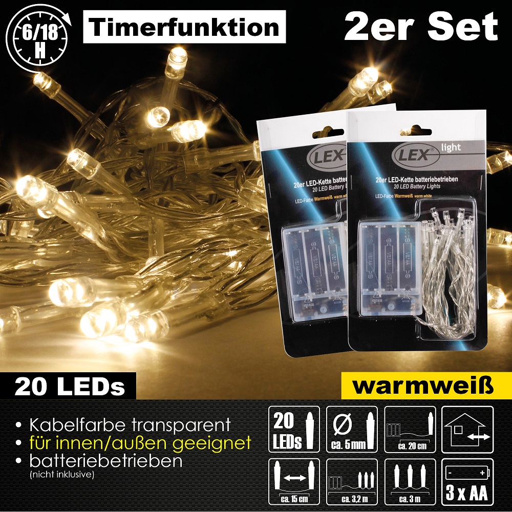 2x 20er LED Outdoor Lichterkette Set Batteriekette Weihnachten Beleuchtung Deko warmweiß