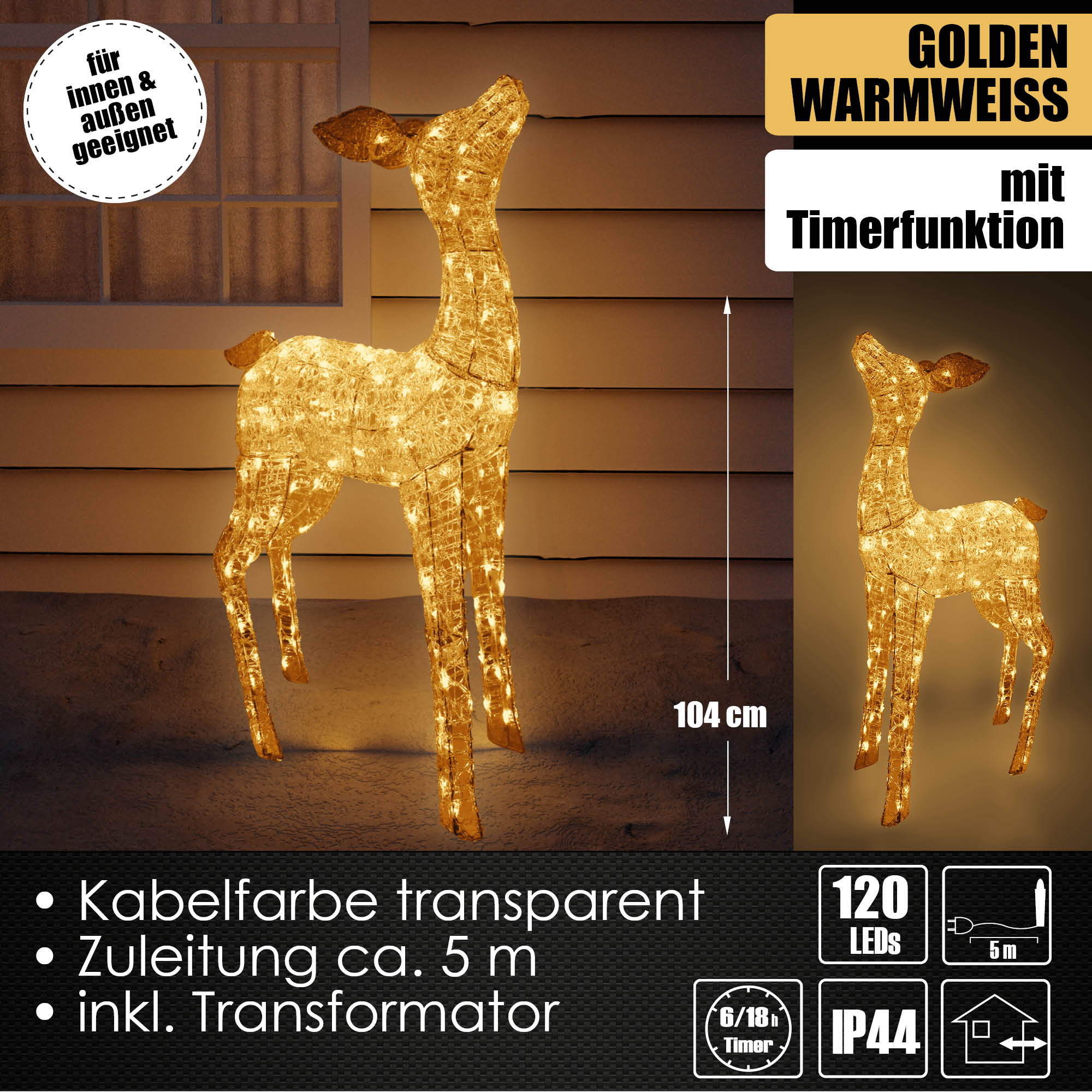 XL LED Acryl Hirschkuh Weihnachtsfigur 104cm beleuchtet Weihnachtsdeko Außen & Innen Gold Warmweiß