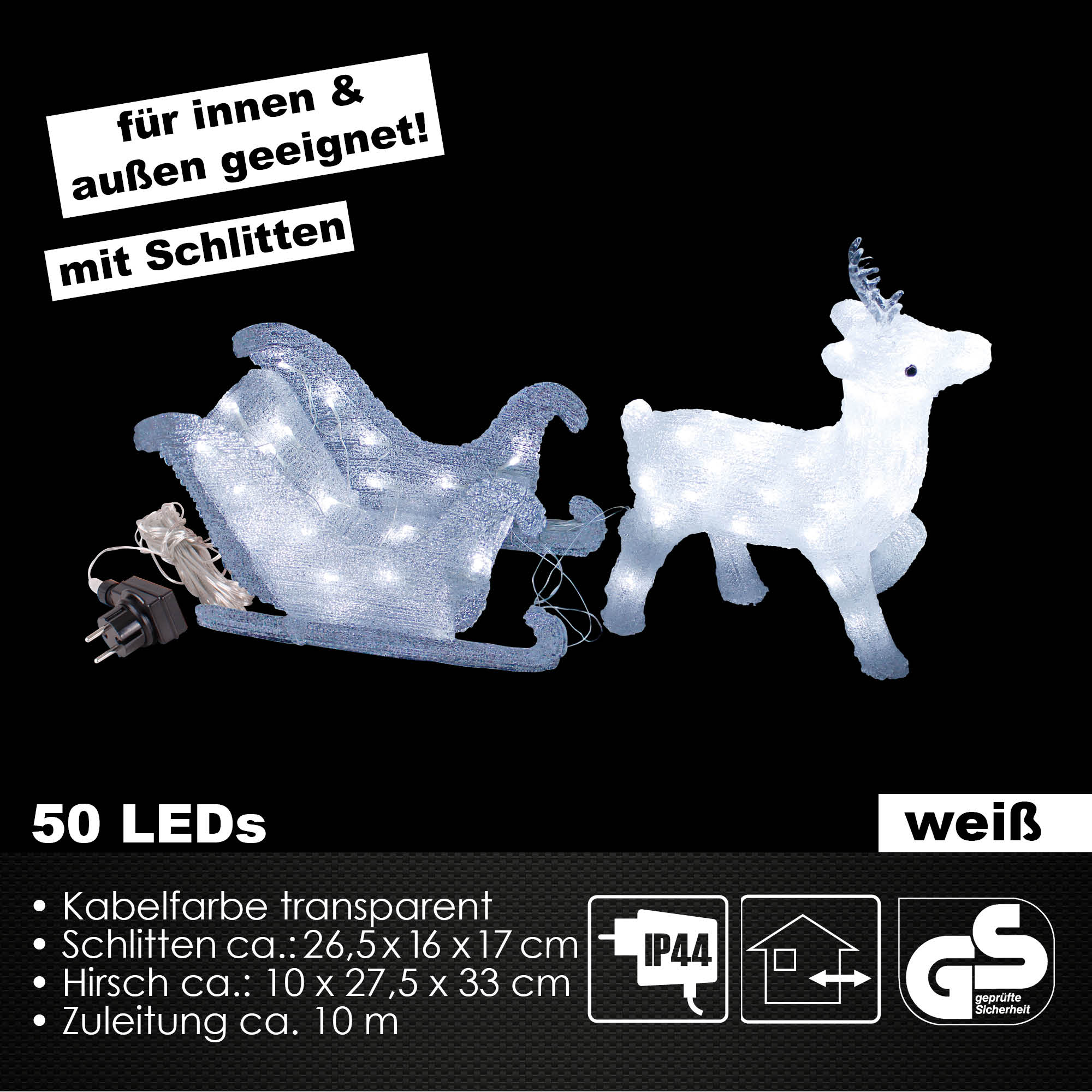 LED Weihnachtsfigur Rentier mit Schlitten Figur beleuchtet Weihnachtsdeko 50LEDs