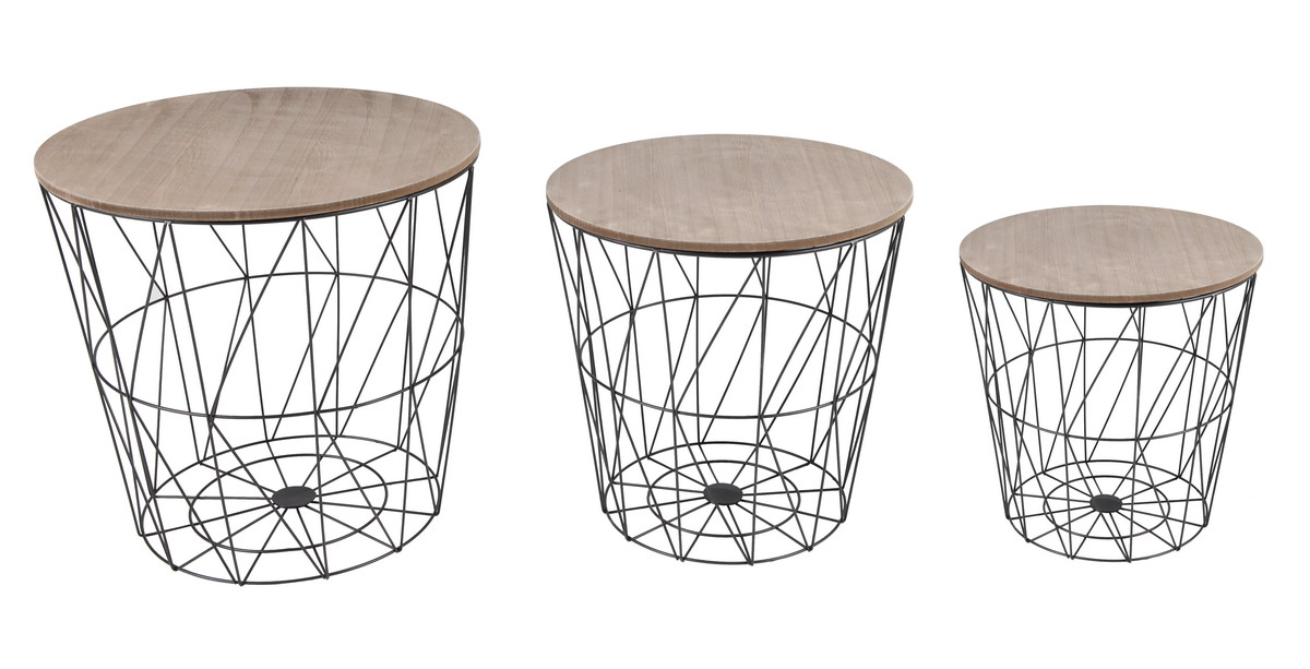 Beistelltisch Set 3tlg Drahtkorb Stauraum Metallkorb schwarz Platte Holz braun