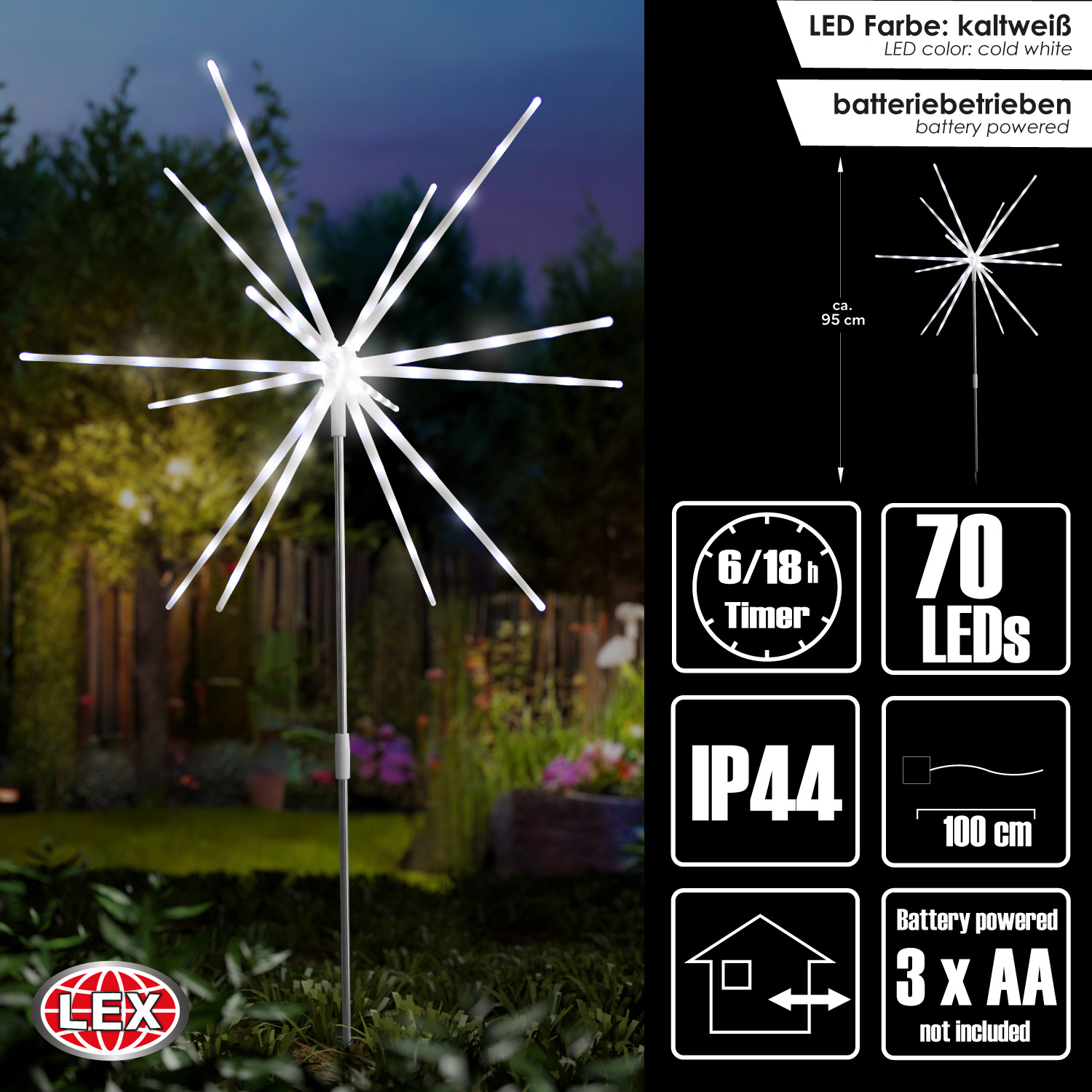 LED Polarstern Gartenstecker Lichterkette Erdungsstift 70 LEDS Batterie Timer