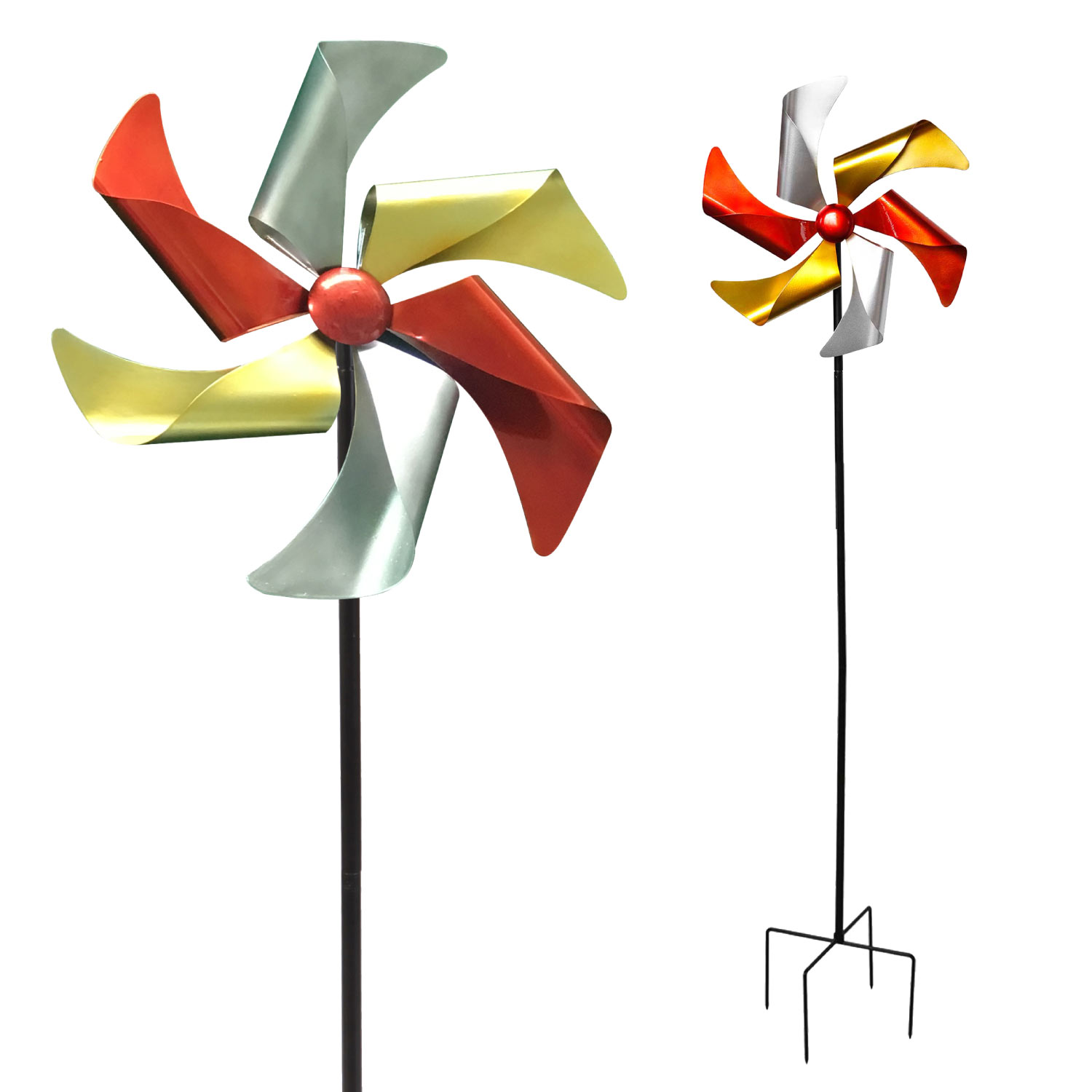 Windrad Windspiel Metall Gartendeko Balkon Terrasse Erdspieß rot gelb silber