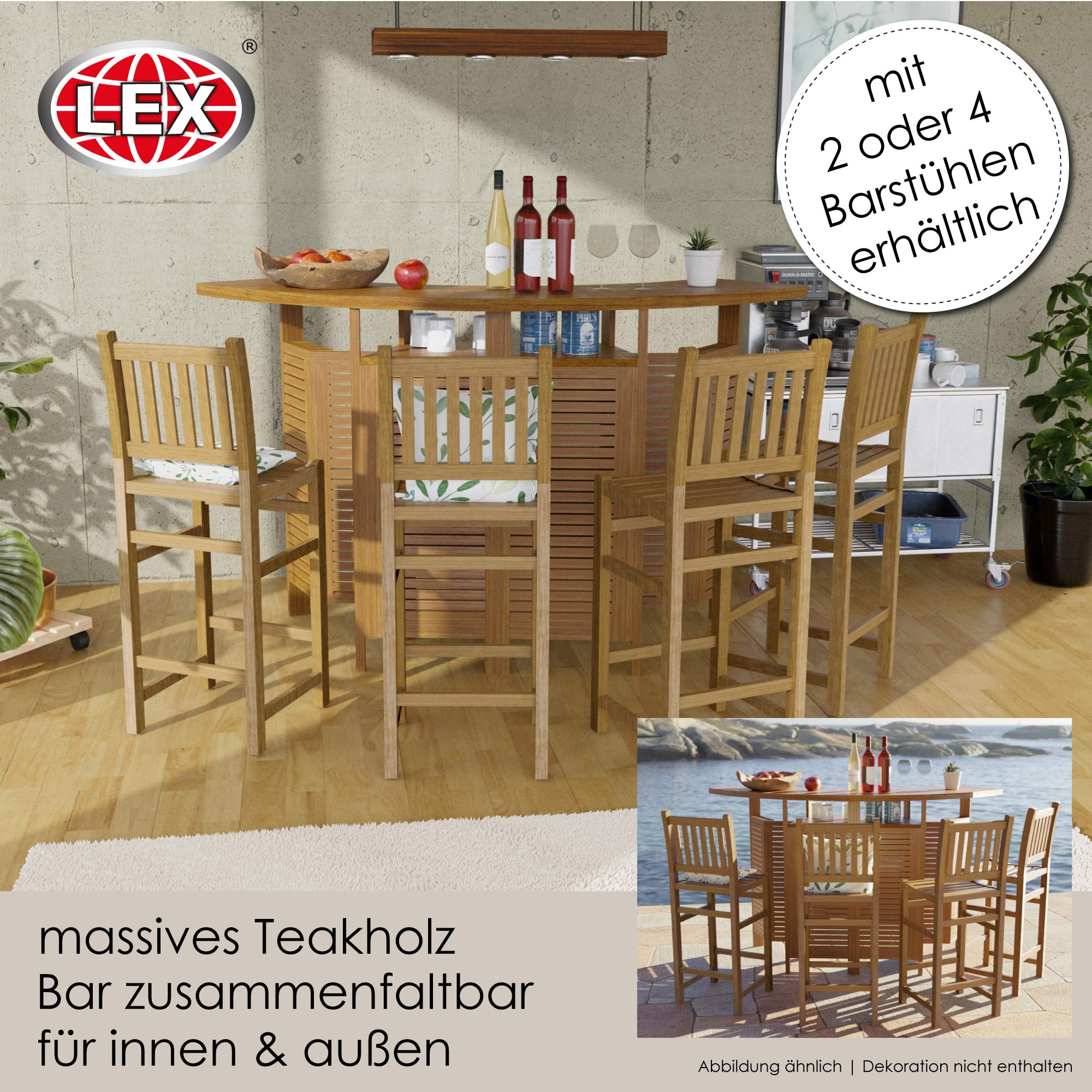 Bartresen Theke mit Barhocker aus Teakholz Bartisch Tresen ausklappbar Hausbar