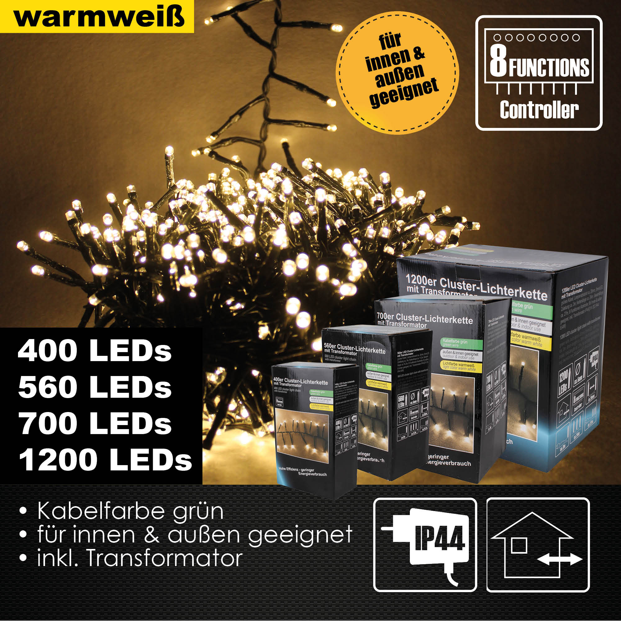 400-1200er Cluster LED Lichterkette Außen & Innen 8 Lichteffekte Deko warmweiß