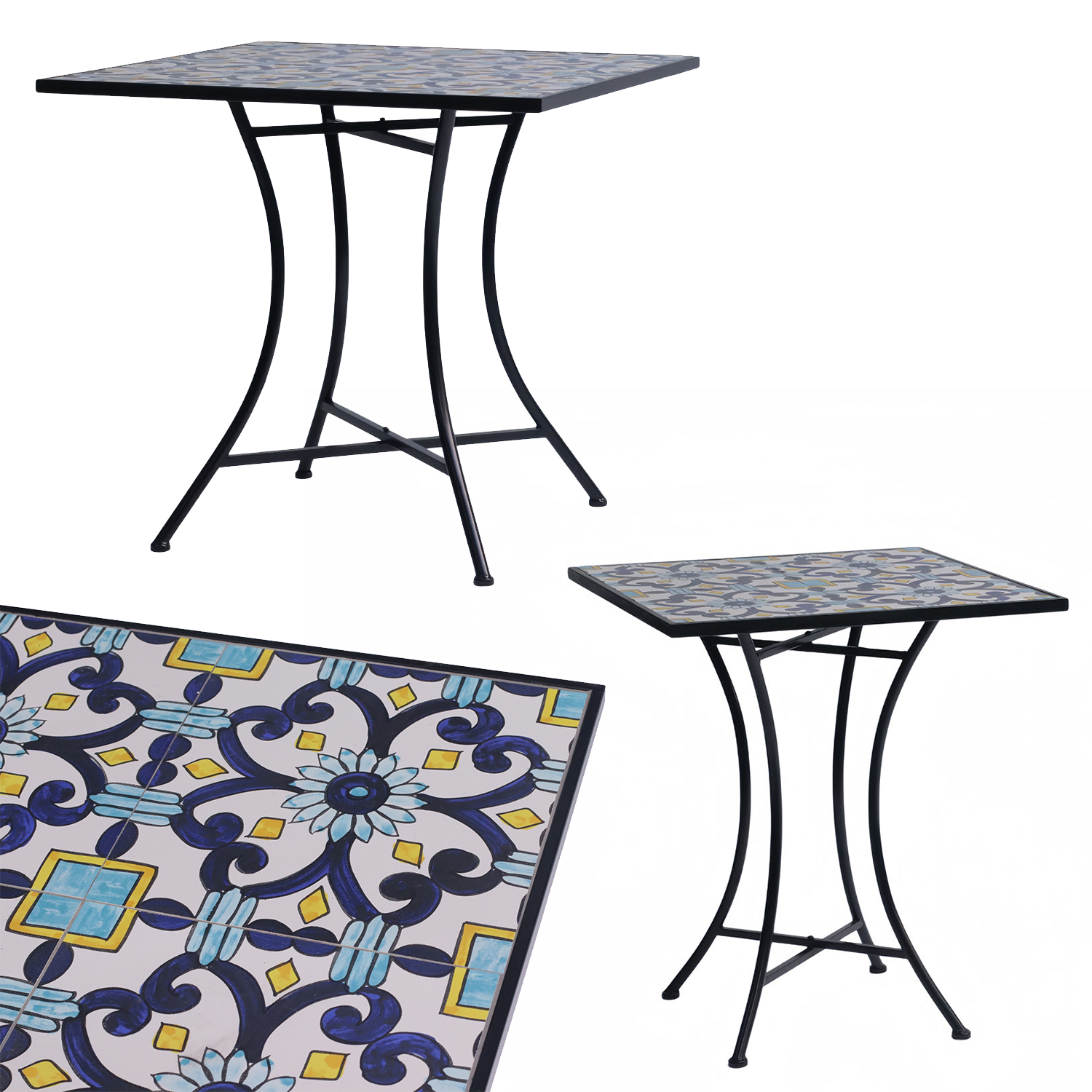 Mosaik Mosaiktisch Gartentisch quadratisch Bistro Eisenramen elegant Blau
