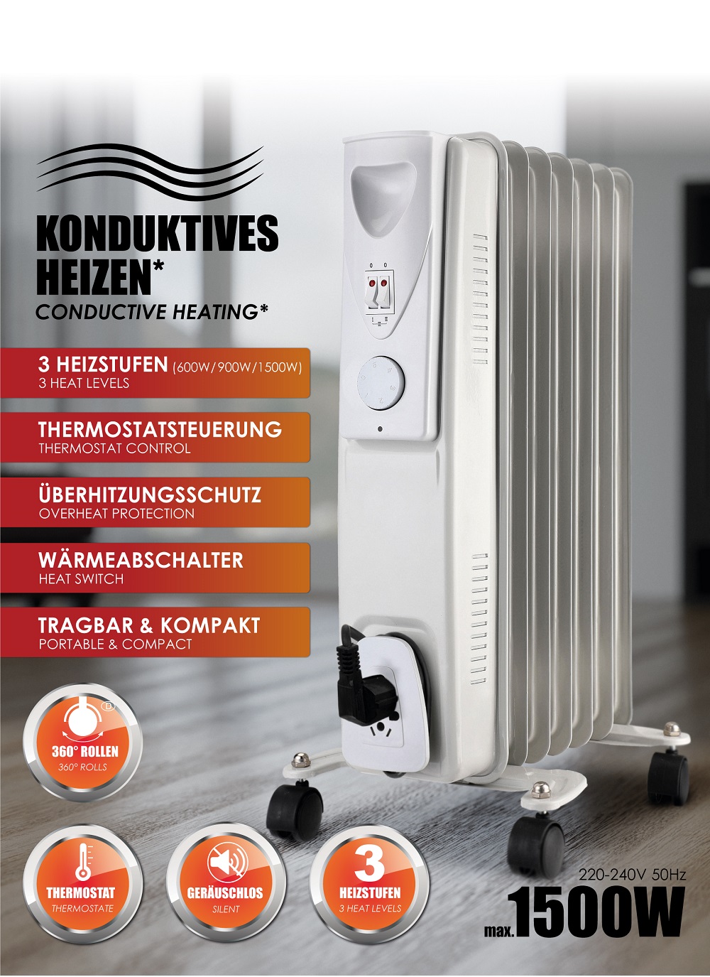 Elektro Ölradiator Heizradiator Heizkörper Elektroheizung Heizgerät 1500W