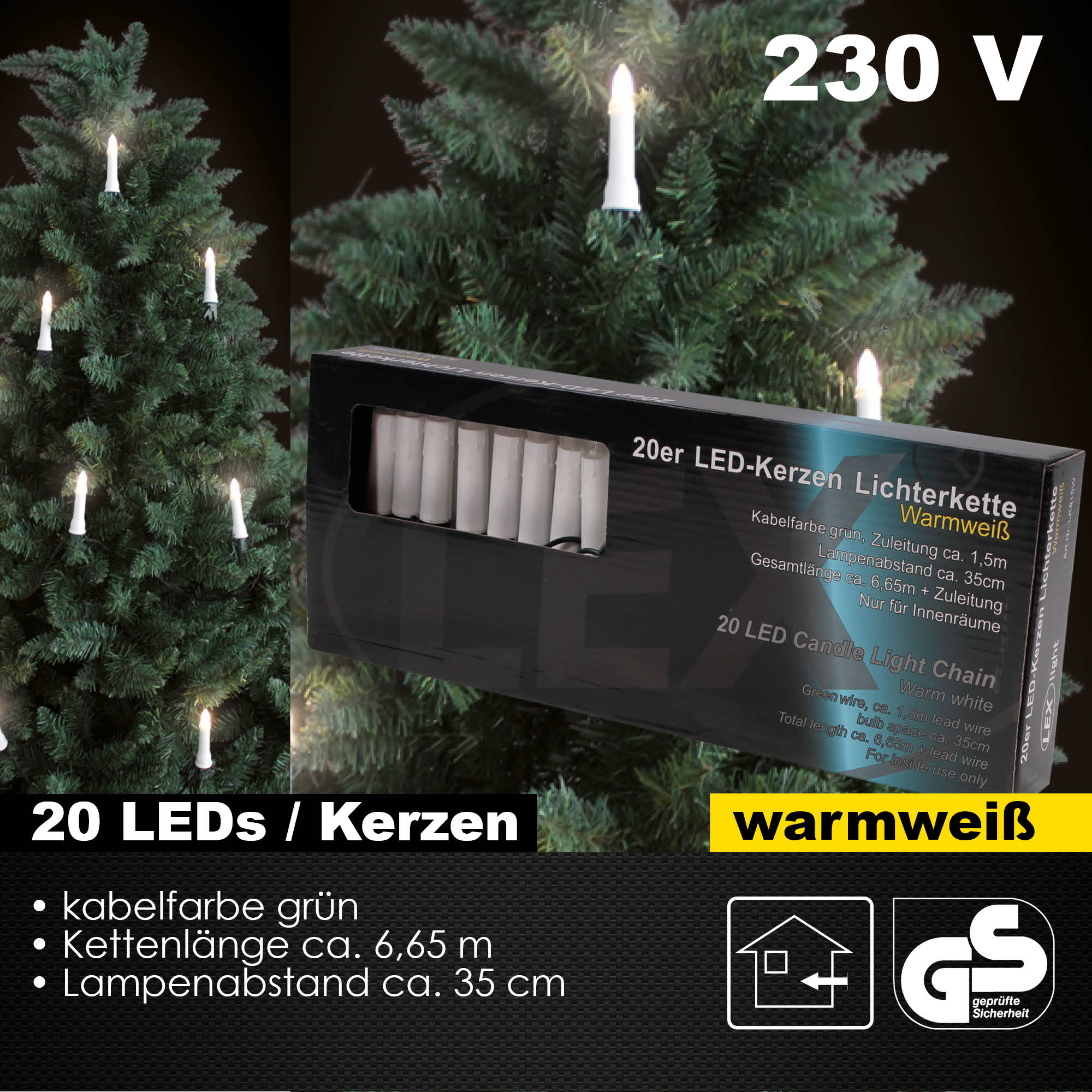 20er LED Kerzenlichterkette Lichterkette Innen Christbaumkerzen warmweiss