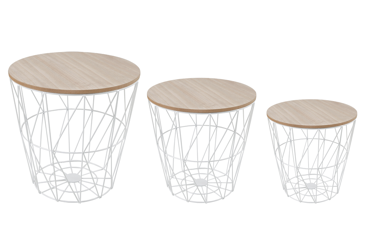 Beistelltisch Set 3tlg Drahtkorb Stauraum Metallkorb Platte Holz Couchtisch