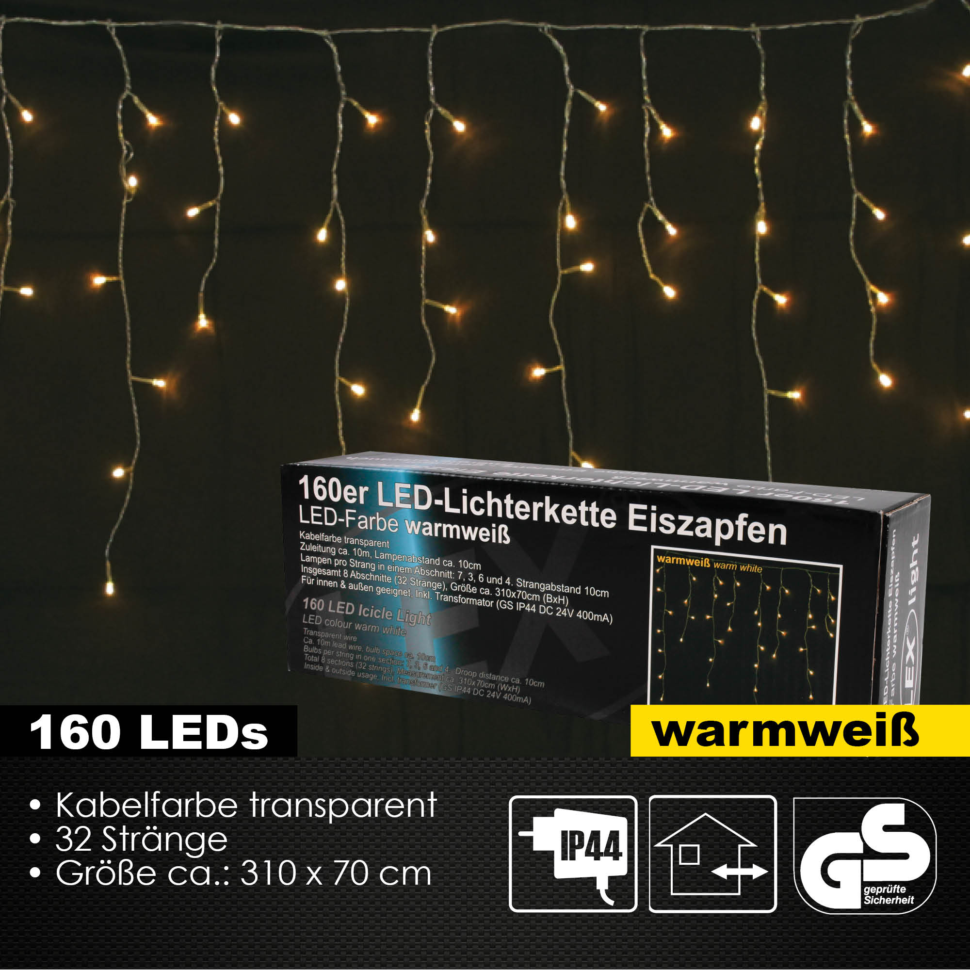 160er LED Eiszapfen Lichtervorhang Außen Innen Weihnachtsbeleuchtung warmweiß