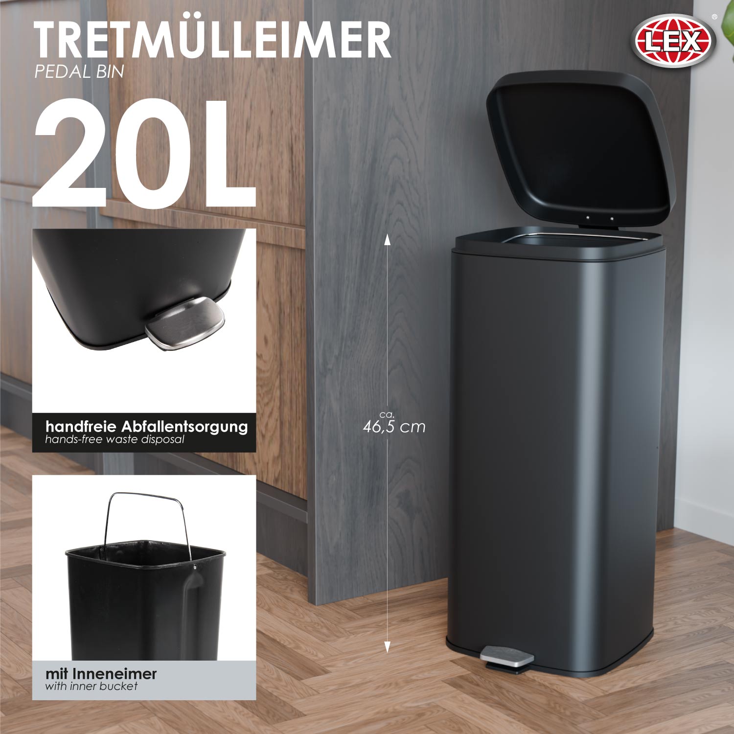 Tretmülleimer Abfallbehälter Mülleimer 20L Stahl schwarz matt Treteimer